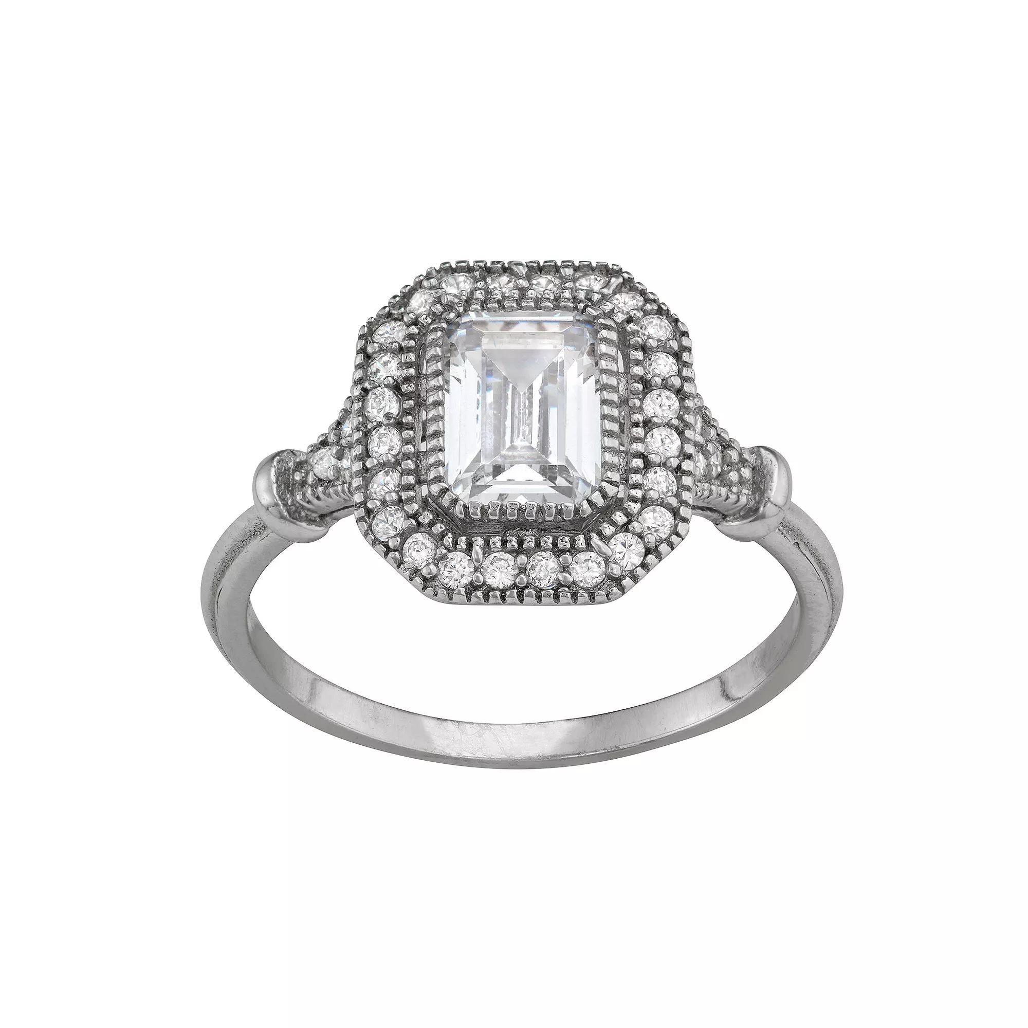 Contessa Di Capri Haloed Cubic Zirconia Emerald Cut Ring, Women's, Size: 7, Sterling Silver Product Image