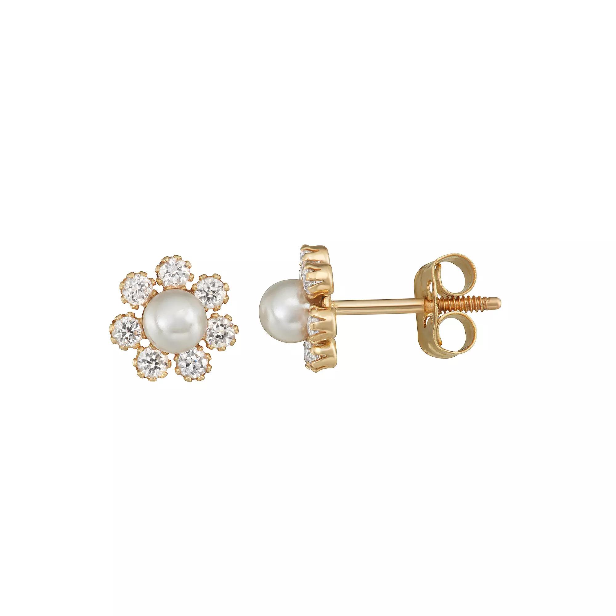 Charming Girl Kids' 14k Gold Simulated Pearl & Cubic Zircona Flower Stud Earrings, Girl's, 14k Gold Tone Product Image