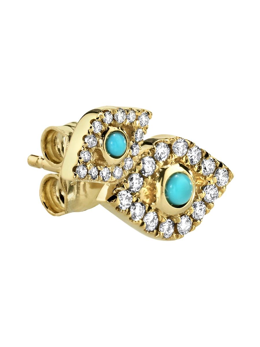 Womens Overboard 14K Yellow Gold, Turquoise & 0.15 TCW Diamond Evil Eye Single Stud Earring Product Image
