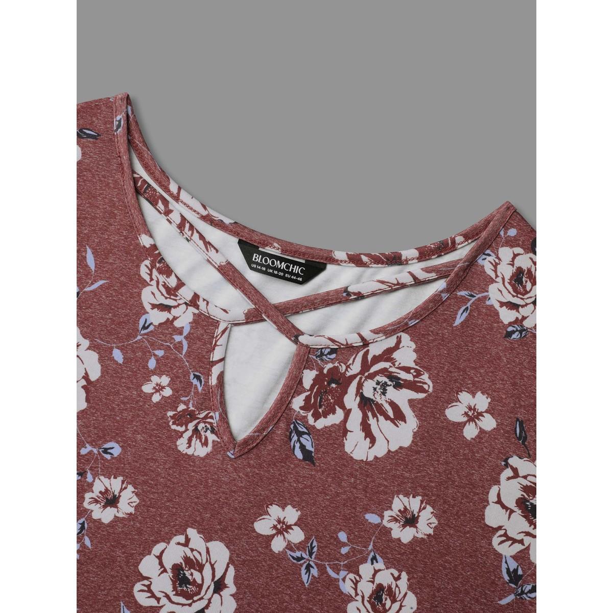 Plus Size Notched Collar Floral Crisscross T-Shirt Scarlet Women Leisure Cut-Out Natural Flowers Notched collar Casual T-shirts BloomChic 18-20/2X Product Image