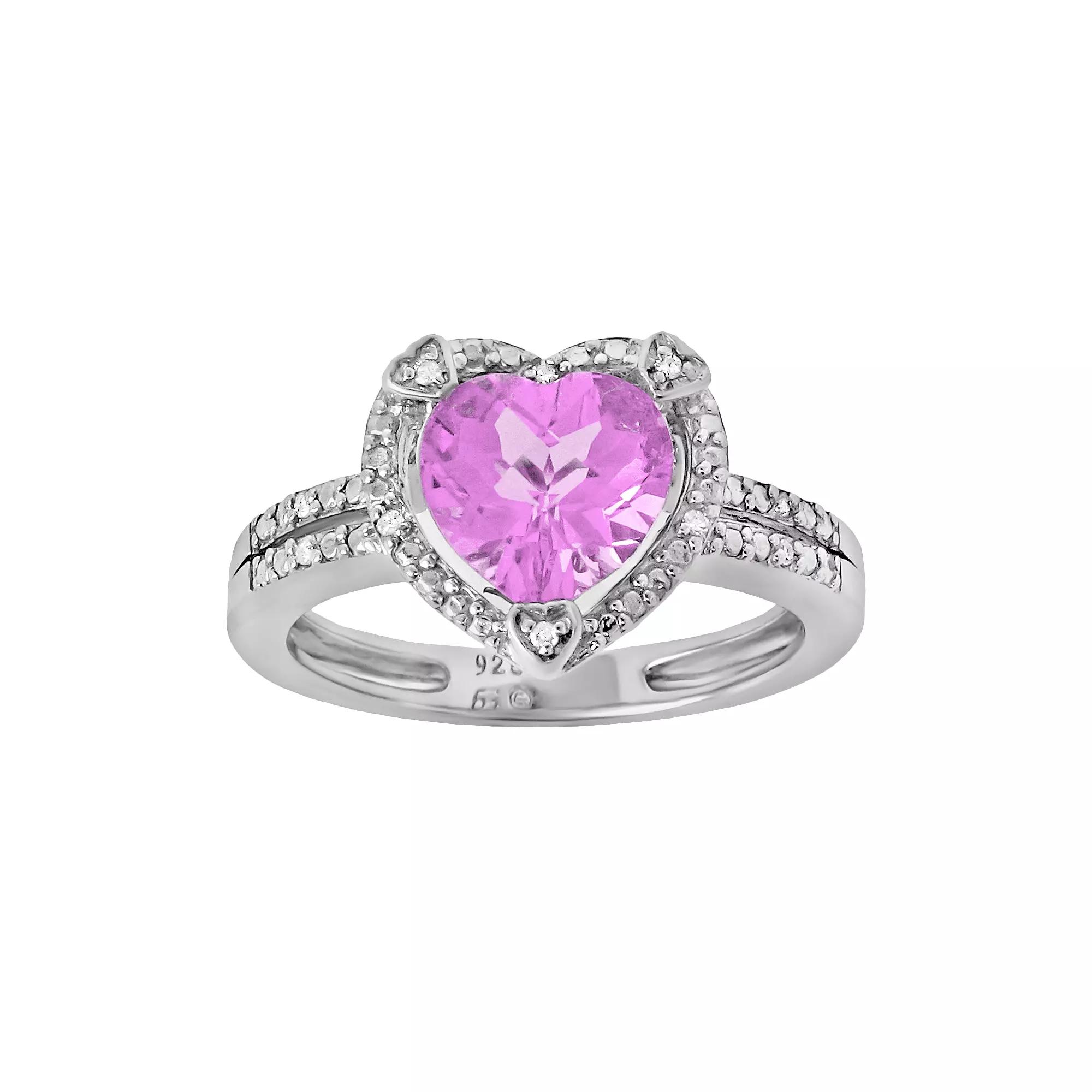 Gemminded Sterling Silver Lab-Created Pink Sapphire and Diamond Accent Heart Frame Ring, Women's, Size: 6, Pink Blue Product Image