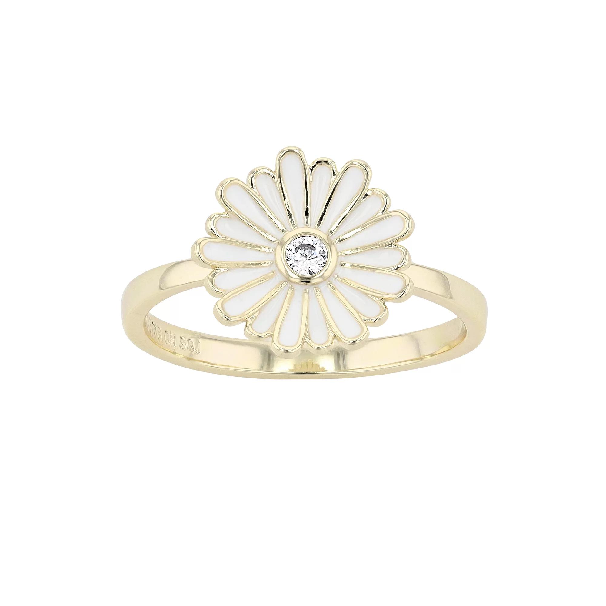 14k Yellow Gold Plated Cubic Zirconia White Enamel Daisy Flower Ring, Womens Gold Tone Product Image