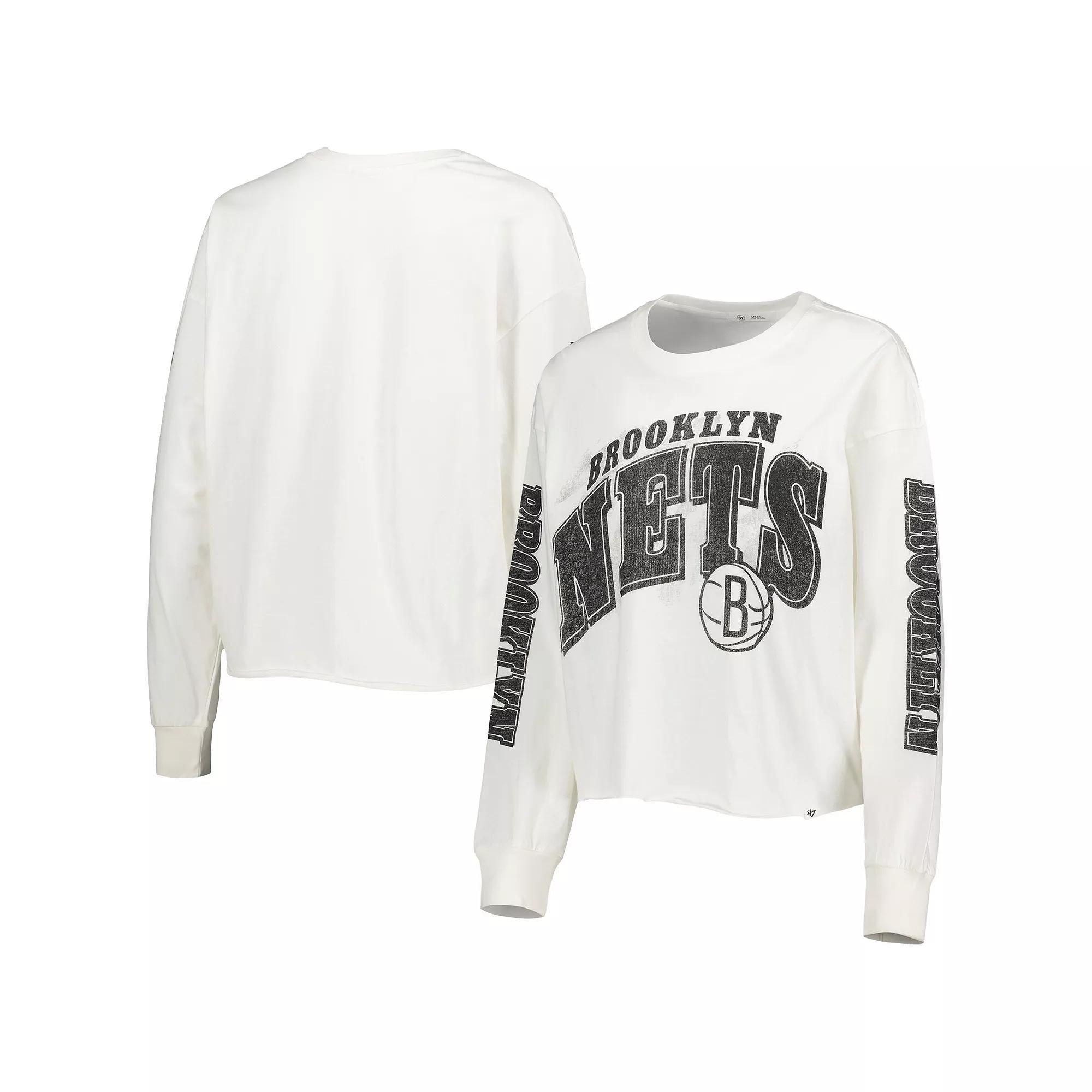 Women's '47 Cream Brooklyn Nets Parkway Brush Back Long Sleeve Cropped T-Shirt, Size: Large, Beige Product Image