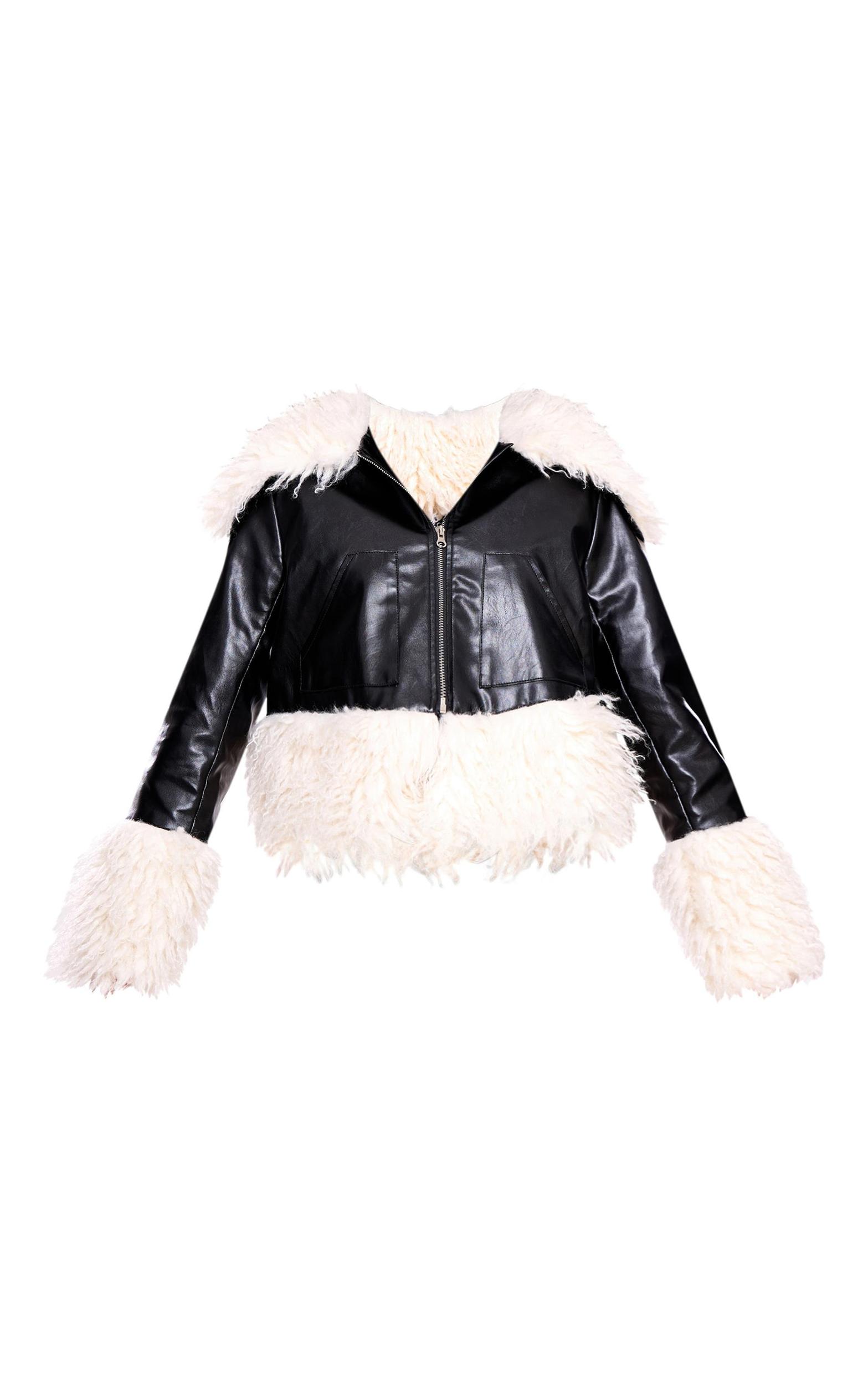 Black Faux Fur White Trim Contrast Faux Leather Jacket Product Image