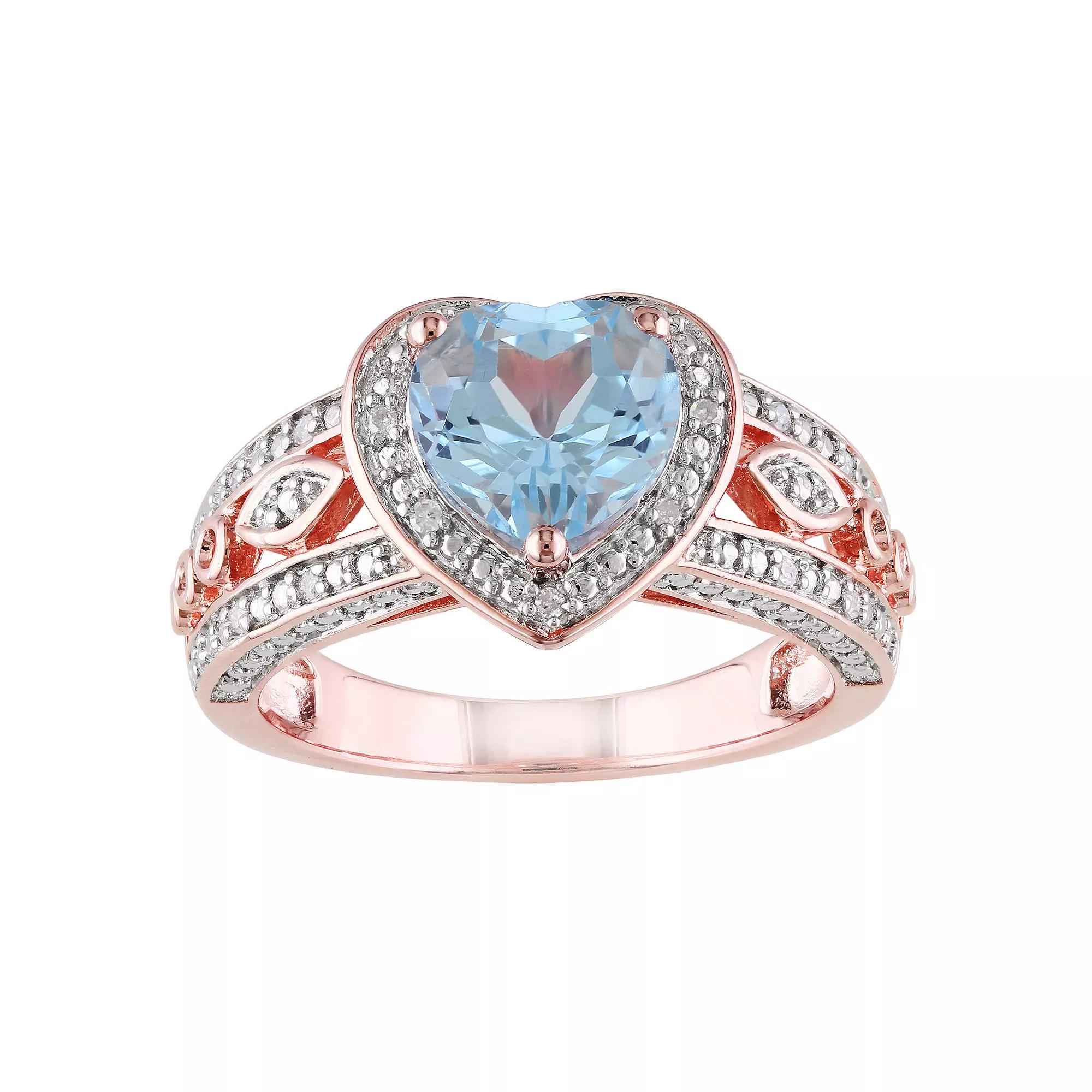 Stella Grace 18k Rose Gold Over Silver Sky Blue Topaz & 1/10 Carat T.W. Diamond Vintage Heart Ring, Women's,  Product Image