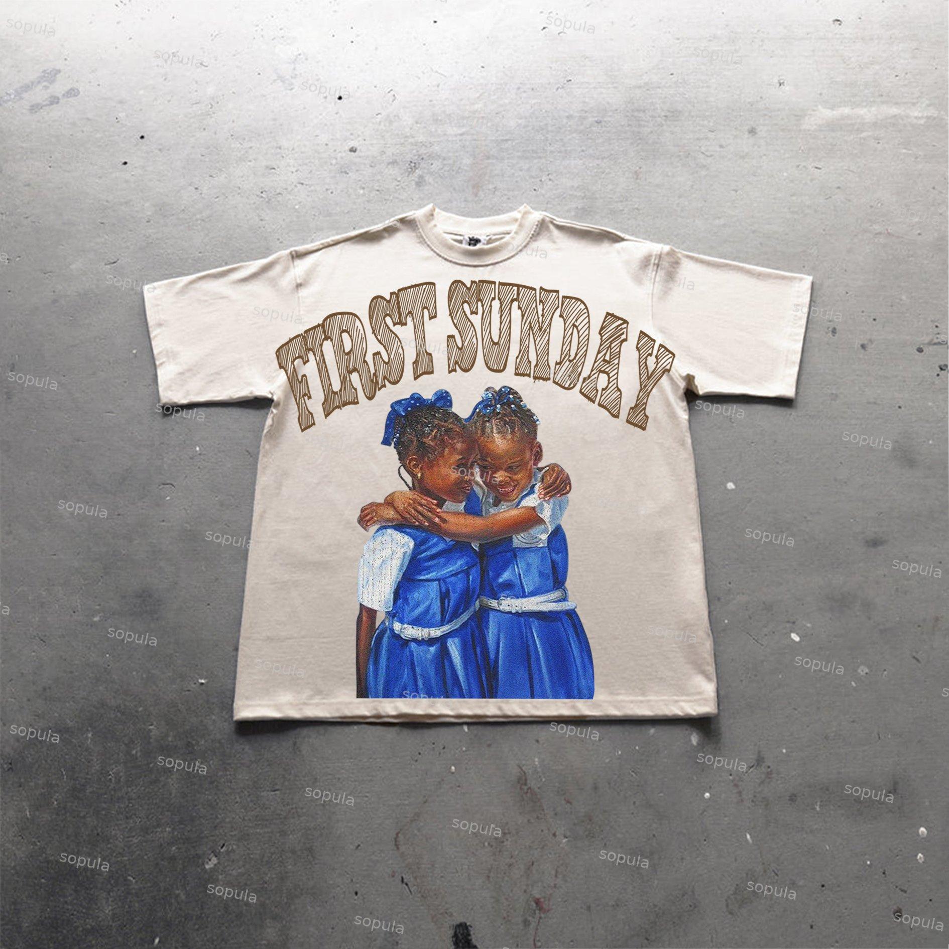 Retro First Sunday Faith Graphic Print Cotton T-Shirt Product Image