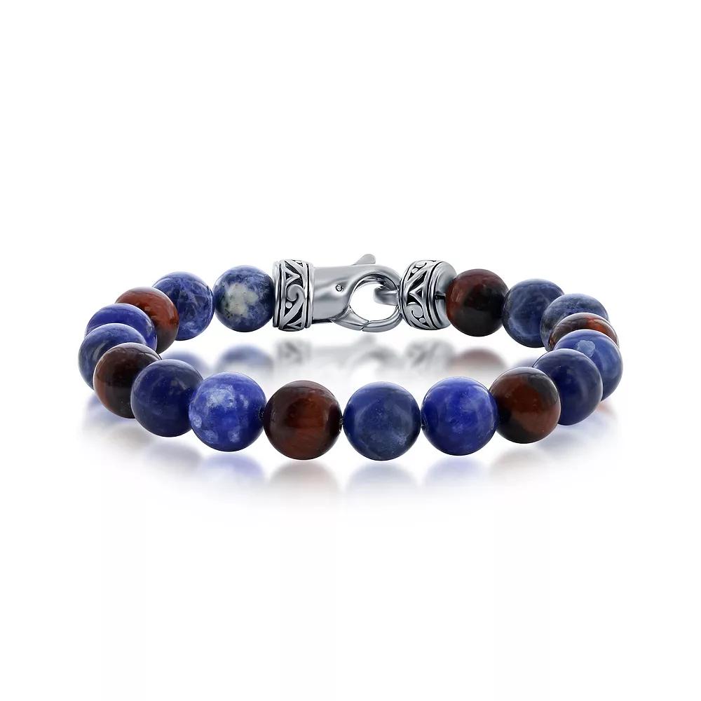 Men's Metallo Stainless Steel Red Tiger Eye & Sodalite Bead Bracelet,  Product Image