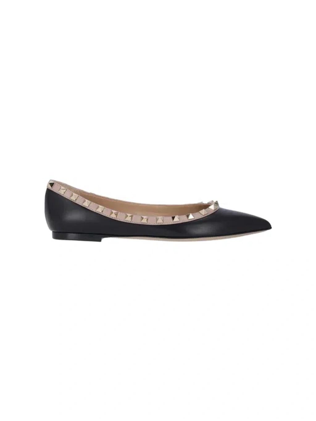 VALENTINO GARAVANI Pointed Toe Studded Trim Flat Sole Ballerina In Black Product Image