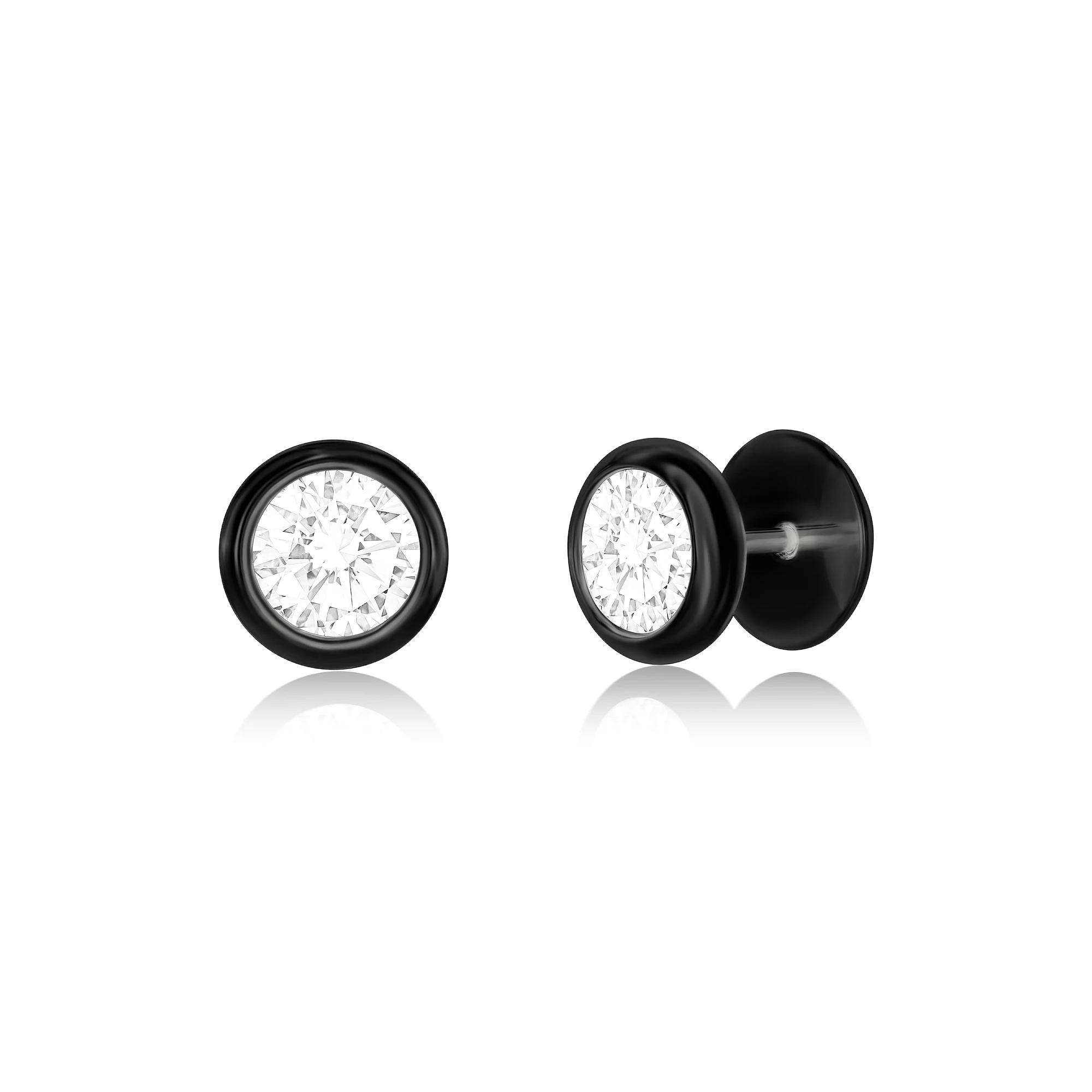 Men's Metallo Stainless Steel Bezel Cubic Zirconia Stud Earrings, Black Product Image