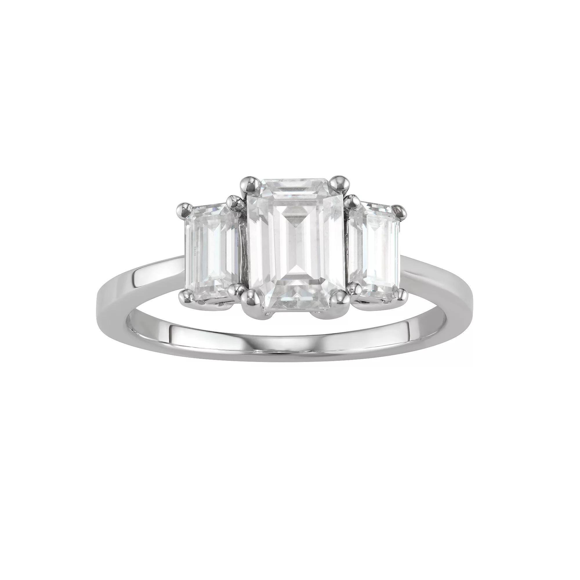 14K White Gold Lab-Created Moissanite 1 1/2 Carat T.W. Emerald-Cut Three-Stone Ring, Women's, Size: 9, 14kwh Gold Product Image