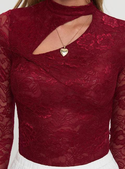 Twisted Humour Long Sleeve Lace Bodysuit Burgundy Product Image