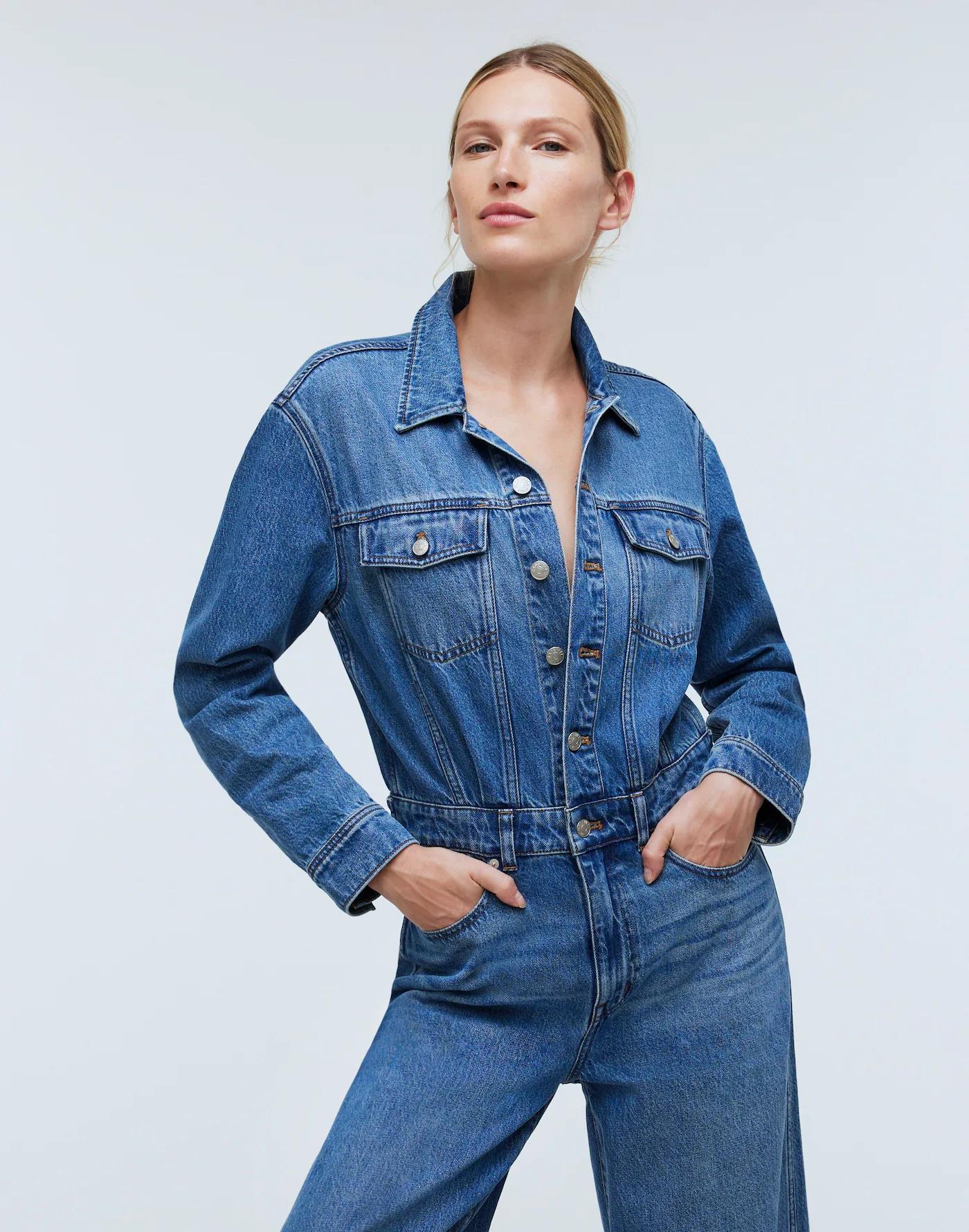 Denim Wide-Leg Coverall Jumpsuit in Byrne Wash Product Image