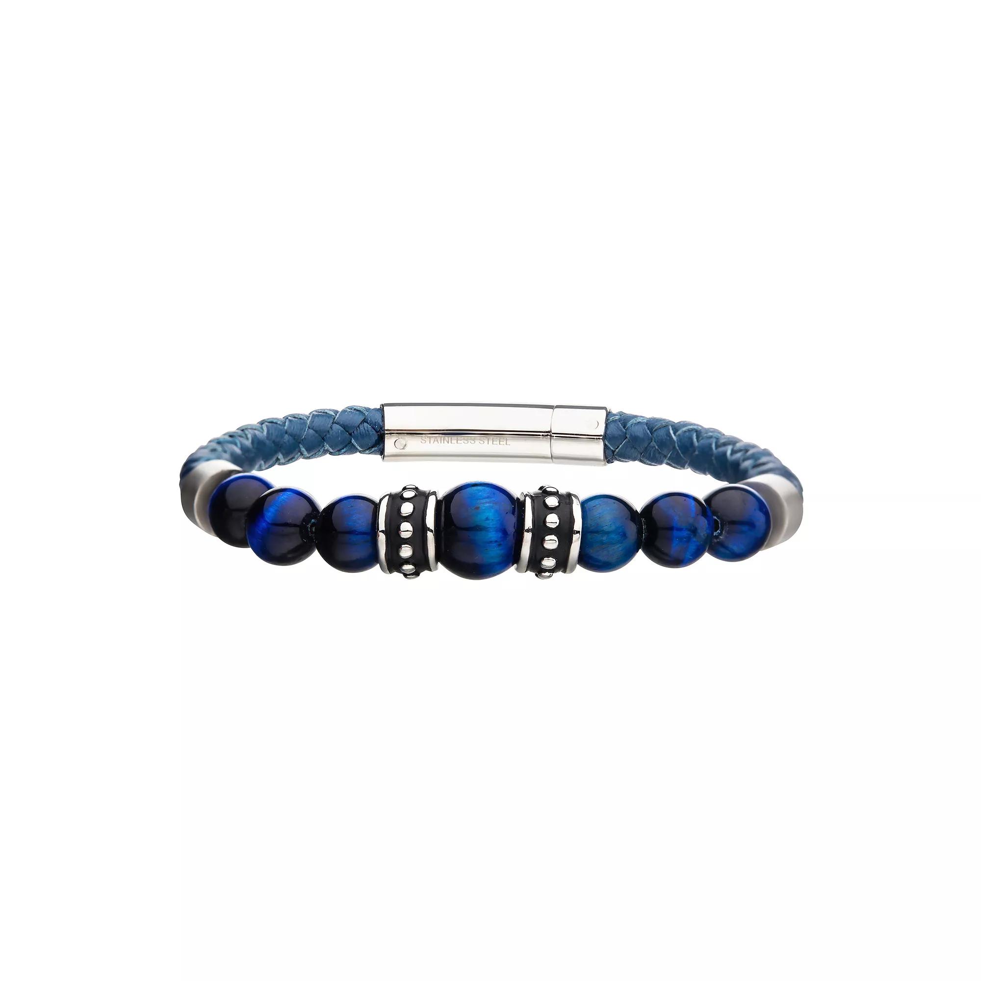 Men's Stainless Steel Blue Tiger's Eye Bead & Blue Leather Bracelet, Size: 8.25" Product Image