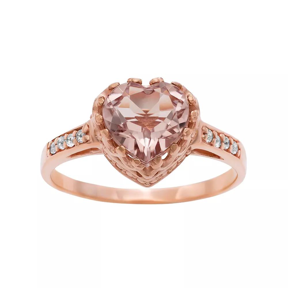 14k Rose Gold Over Silver Simulated Morganite and Lab-Created White Sapphire Heart Crown Ring, Women's, Size: 10, Pink Product Image