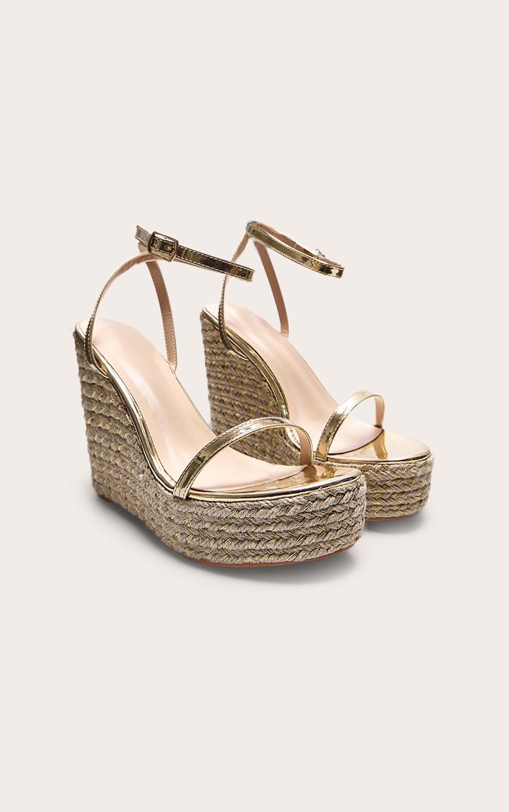 Gold PU Metallic Strap Espadrille High Heeled Wedges Product Image