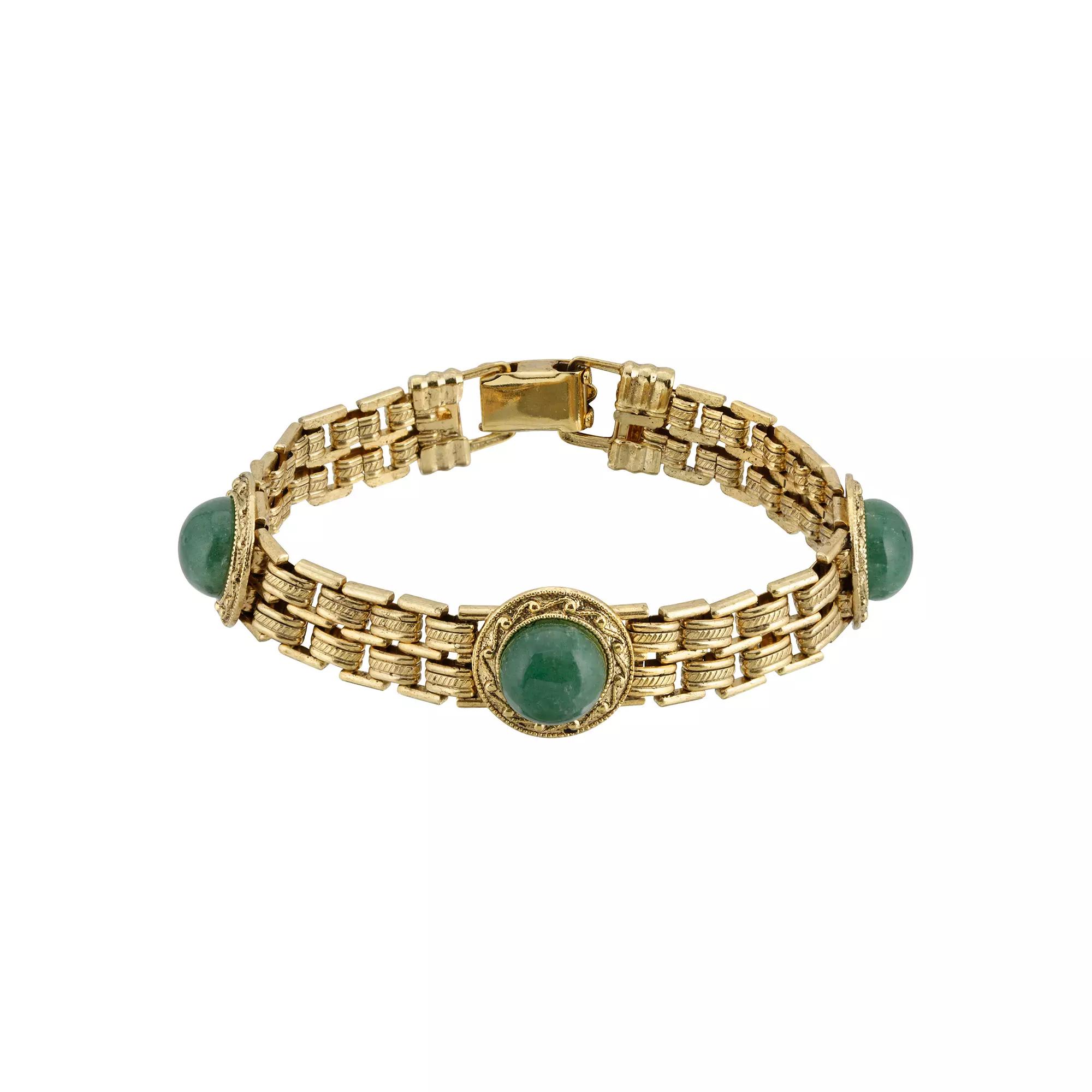 1928 Gold Tone Round Green Adventurine Link Bracelet, Womens Product Image