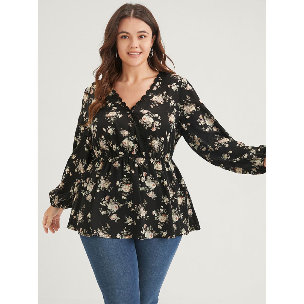 Plus Size Black Floral Scalloped Flutter Hem Lace Trim Wrap Blouse Women Elegant Long Sleeve V-neck Dailywear Blouses BloomChic 30/6X Product Image