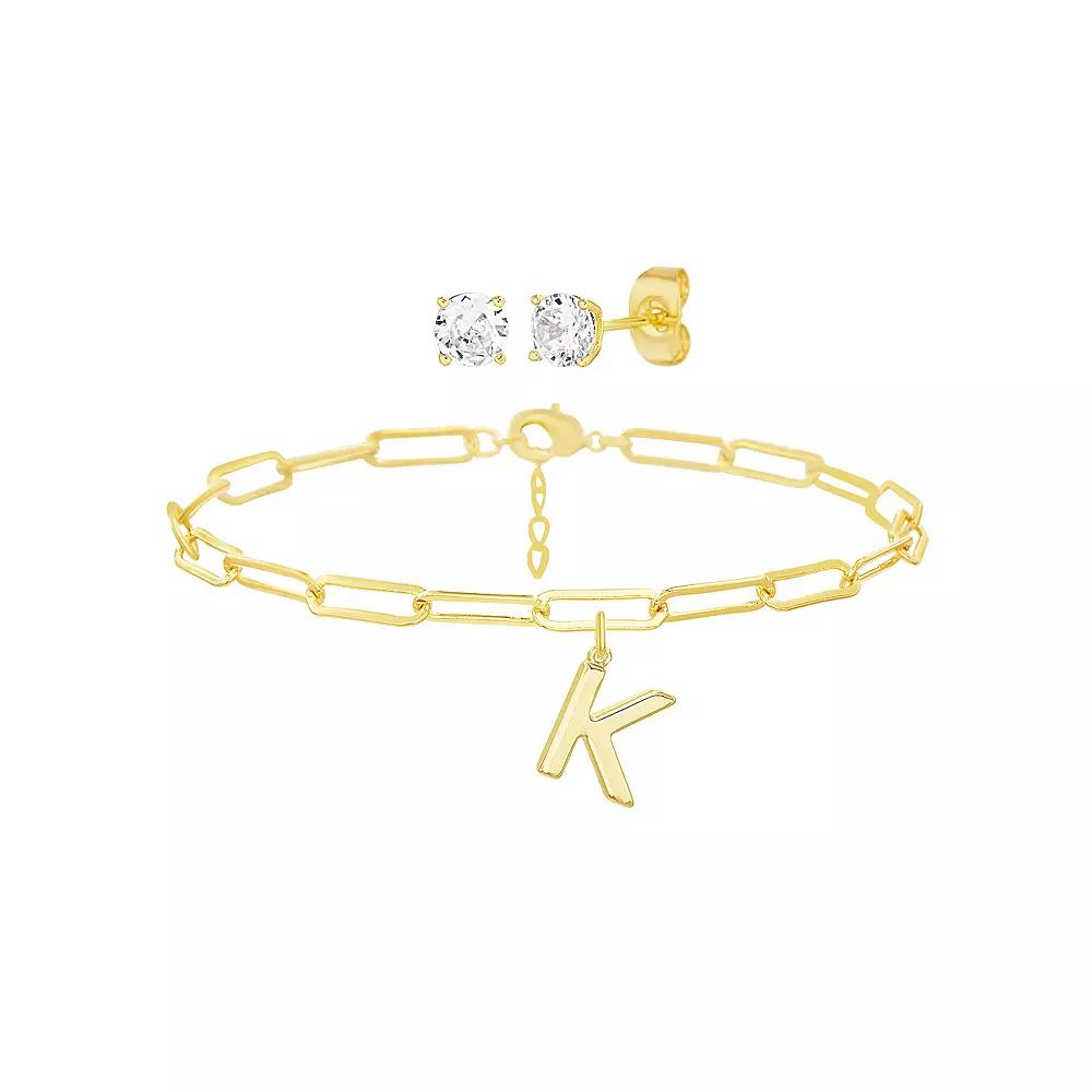 Paige Harper 14k Gold Plated Initial Charm Bracelet & Cubic Zirconia Stud Earring Set, Women's,  Product Image
