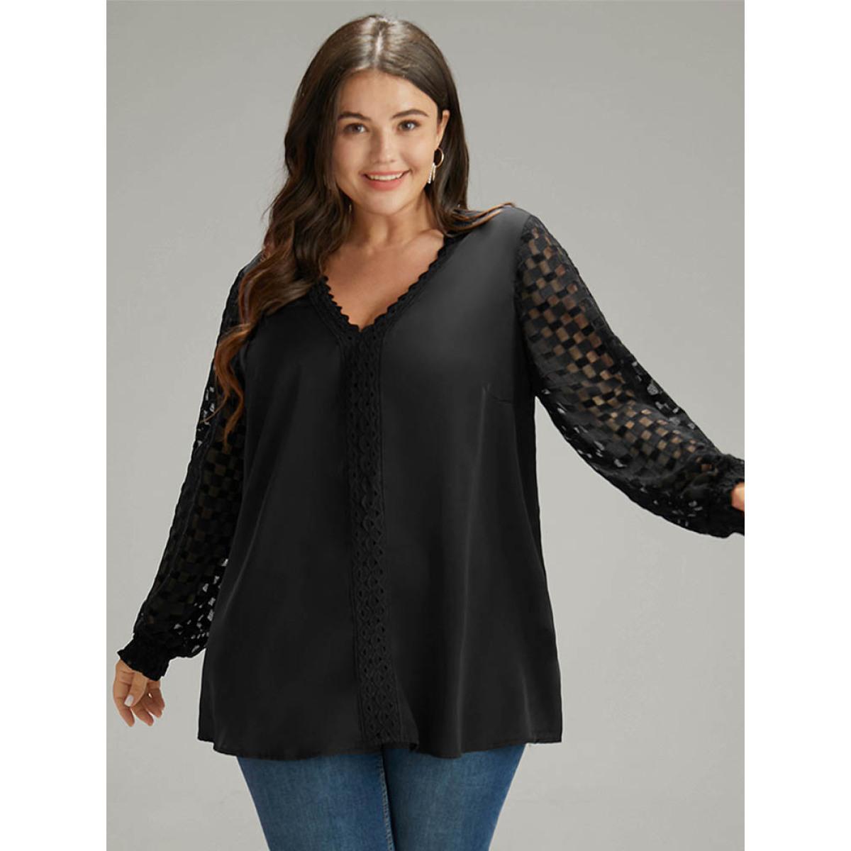 Plus Size Black Lace Panel V Neck Shirred Mesh Blouse Women Glamour Long Sleeve V-neck Going out Blouses BloomChic 30/6X Product Image