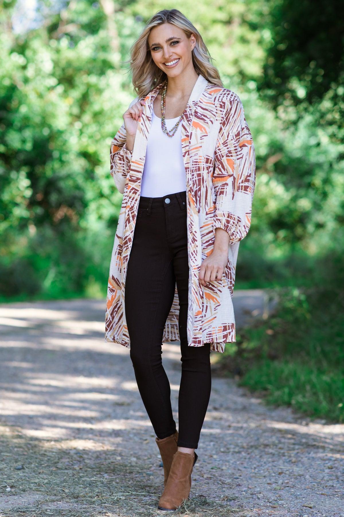 Ivory and Brown Palm Print Mid Length Cardigan Product Image