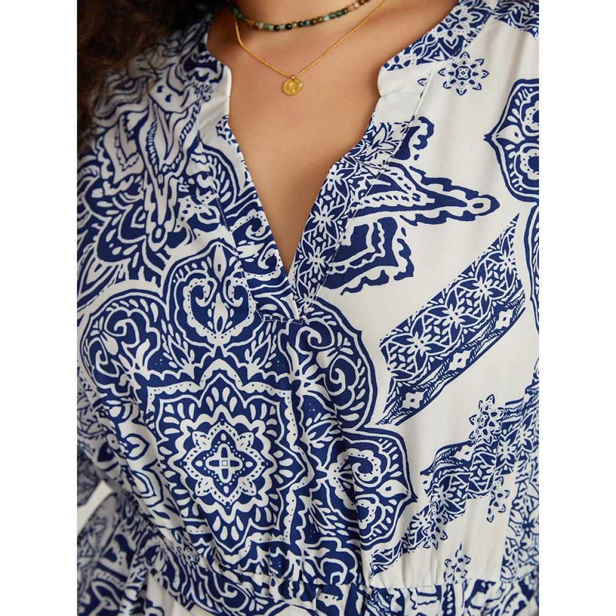 Plus Size Bandana Print Notched Belted Dress Blue Women Vacation Elastic cuffs Notched collar Long Sleeve Curvy Midi Dress BloomChic 22-24/3X Product Image