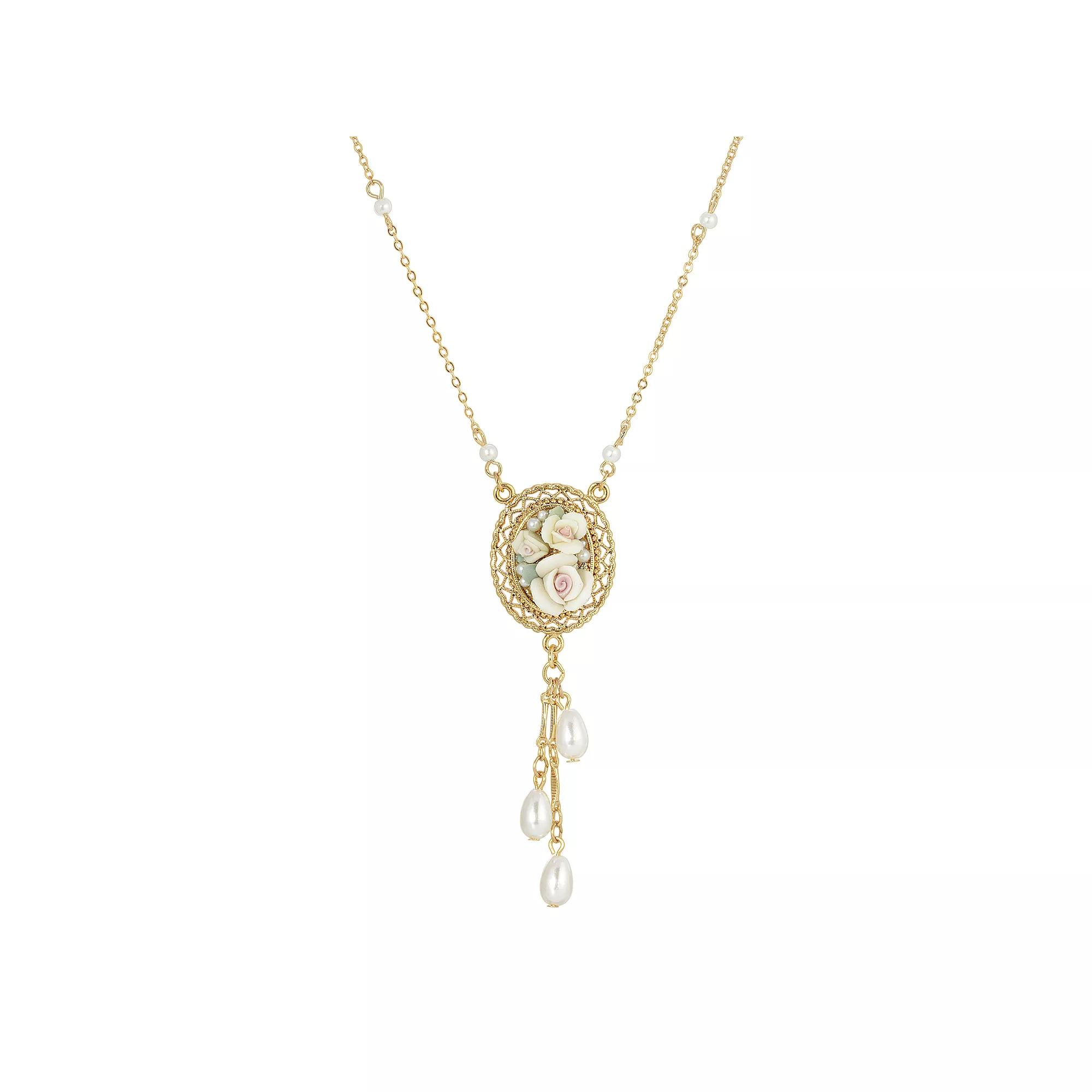 1928 Gold Tone Porcelain Rose Pendant Necklace with Simulated Pearl Drops, Womens, White Product Image