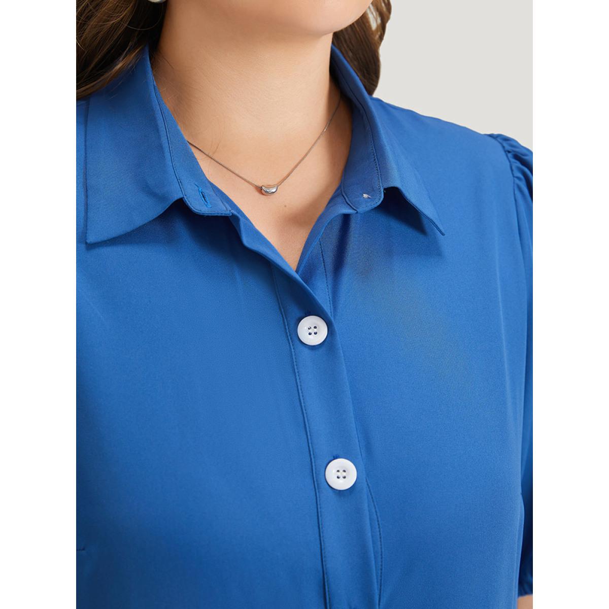 Plus Size Plain Shirt Collar Button Through Gathered Lantern Sleeve Dress Blue Women Elegant Elastic cuffs Shirt collar Half Sleeve Curvy Knee Dress BloomChic 18-20/2X Product Image