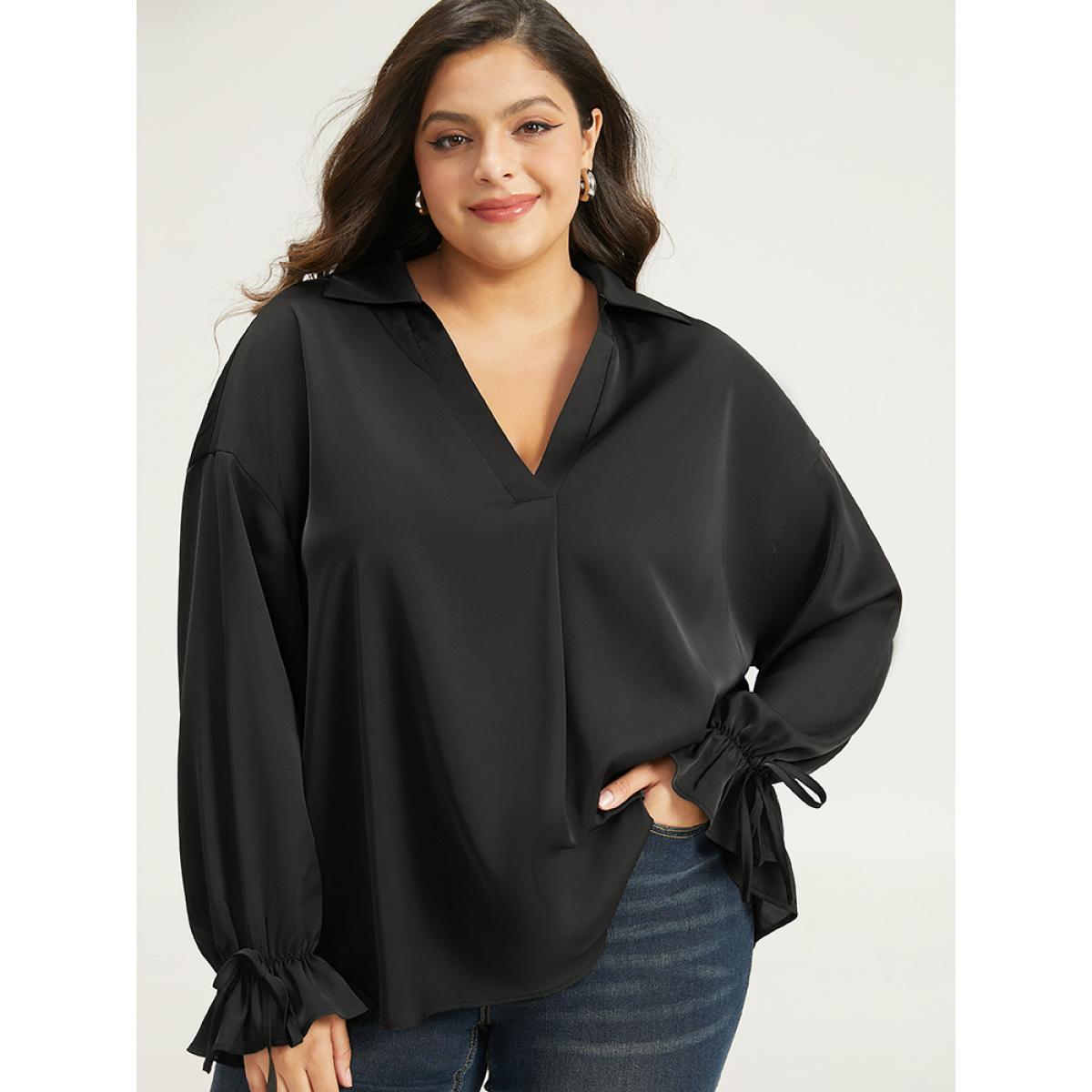 Plus Size Black Knot Pleated Lantern Sleeve Blouse Women Office Long Sleeve Shirt collar Work Blouses BloomChic 28/5X Product Image