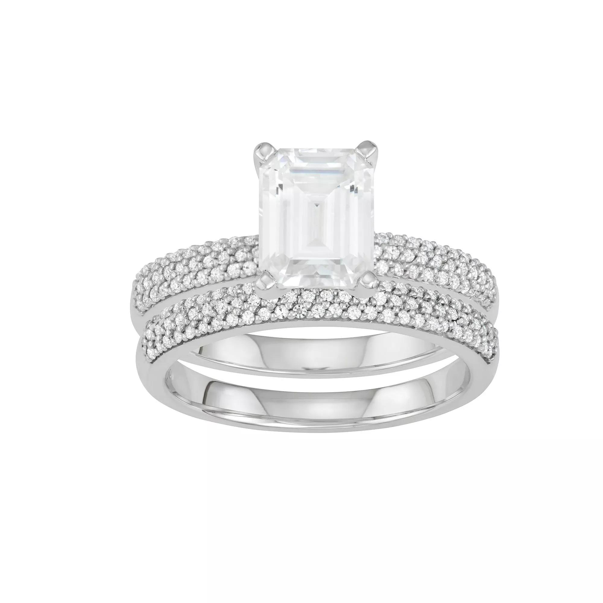 Charles & Colvard 14k White Gold 3 Carat T.W. Lab-Created Moissanite Emerald-Cut Engagement Ring Set, Women's, Size: 6 Product Image