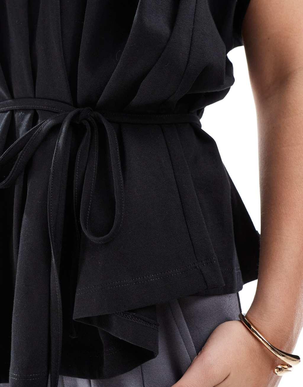 ASOS DESIGN trapeze t-shirt with tie waist in black Product Image