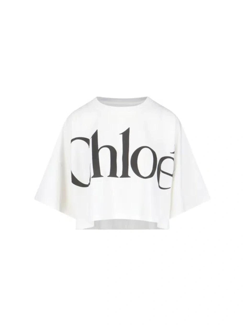 CHLOÉ White Cropped Crewneck T-shirt With Maxi Logo Print On The Front In Cotton Woman In Multicolor Product Image