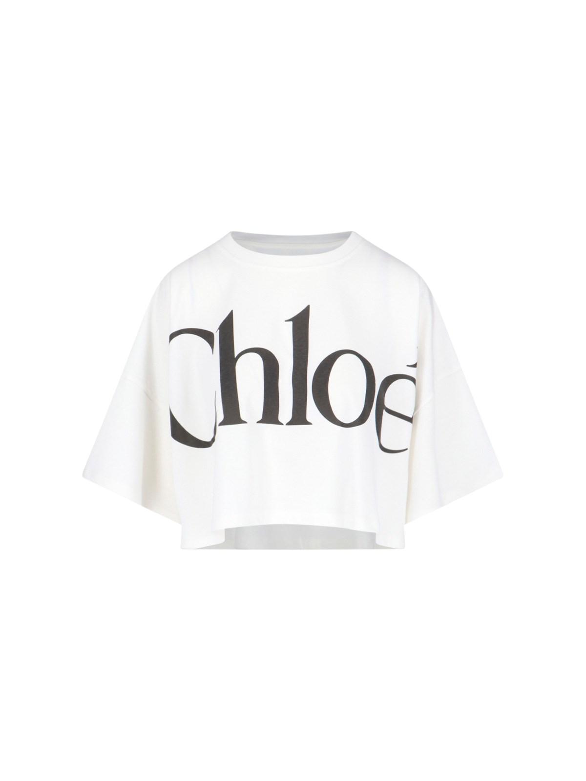 CHLOÉ White Cropped Crewneck T-shirt With Maxi Logo Print On The Front In Cotton Woman In Multicolor Product Image