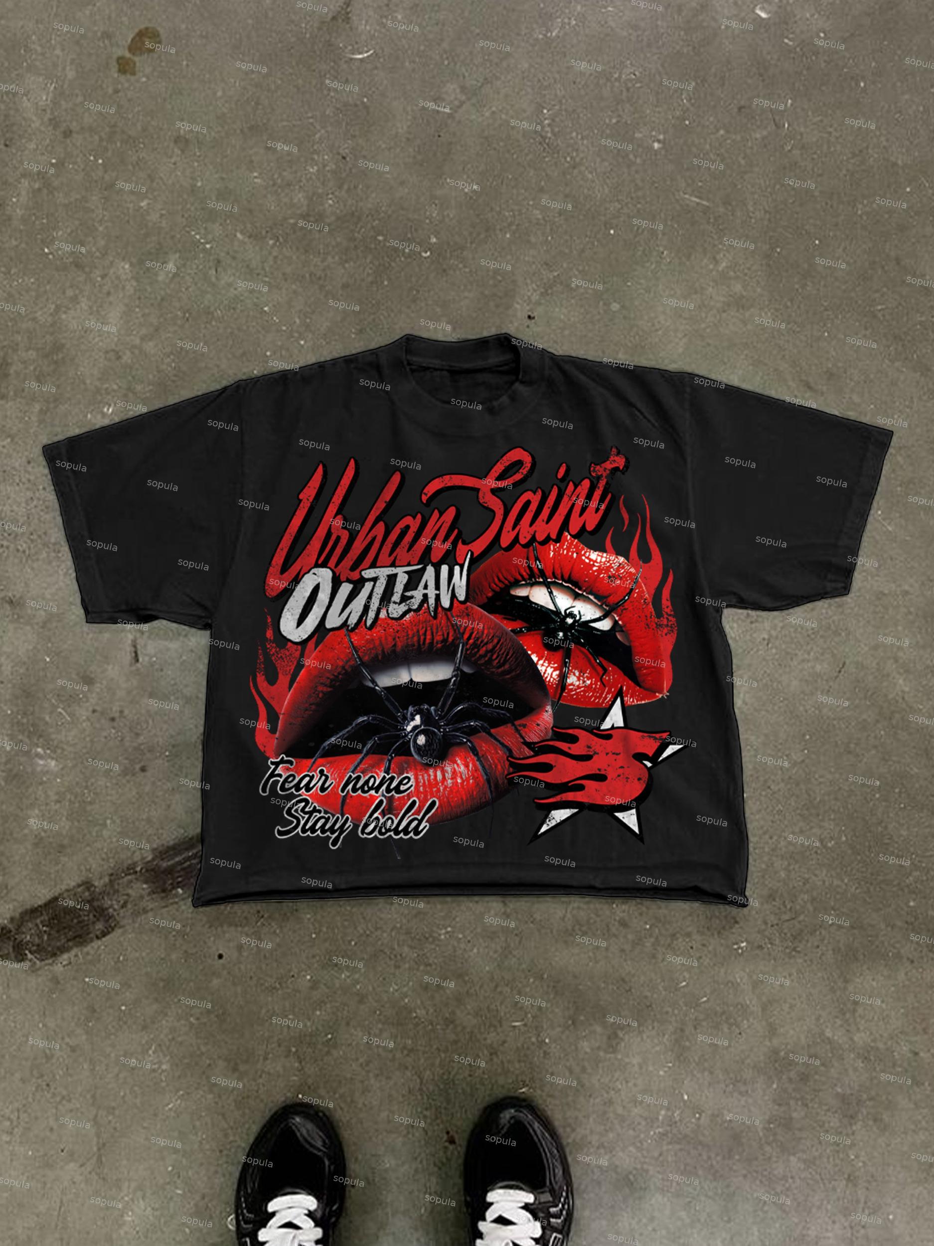 Vintage Spider Red Lip Graphic Cropped T-shirt Product Image