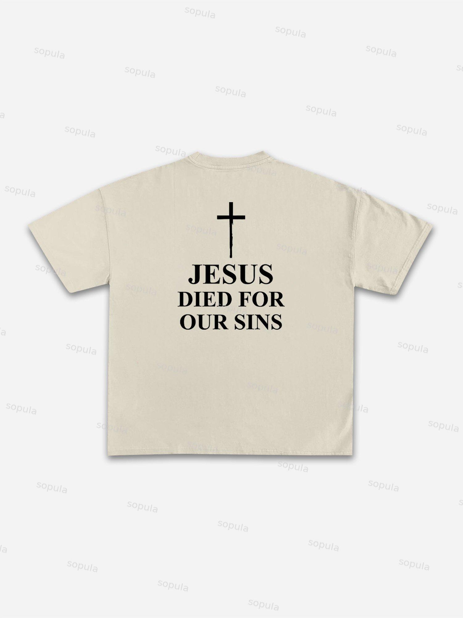 Thorn Neckline Jesus Alphabet Graphic Cotton T-shirt Product Image