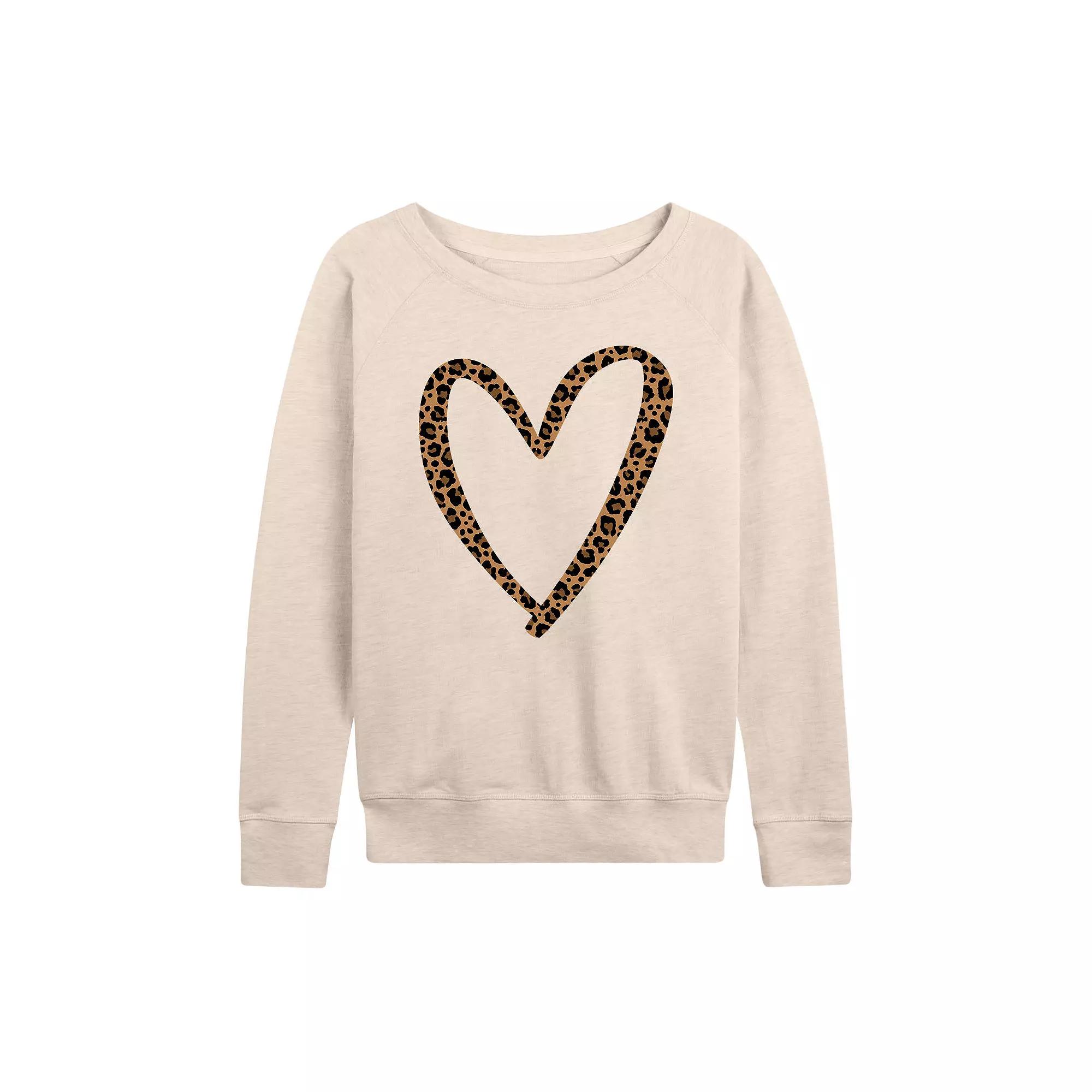 Women's Leopard Print Heart Outline French Terry Long Sleeve Tee, Girl's,  Product Image