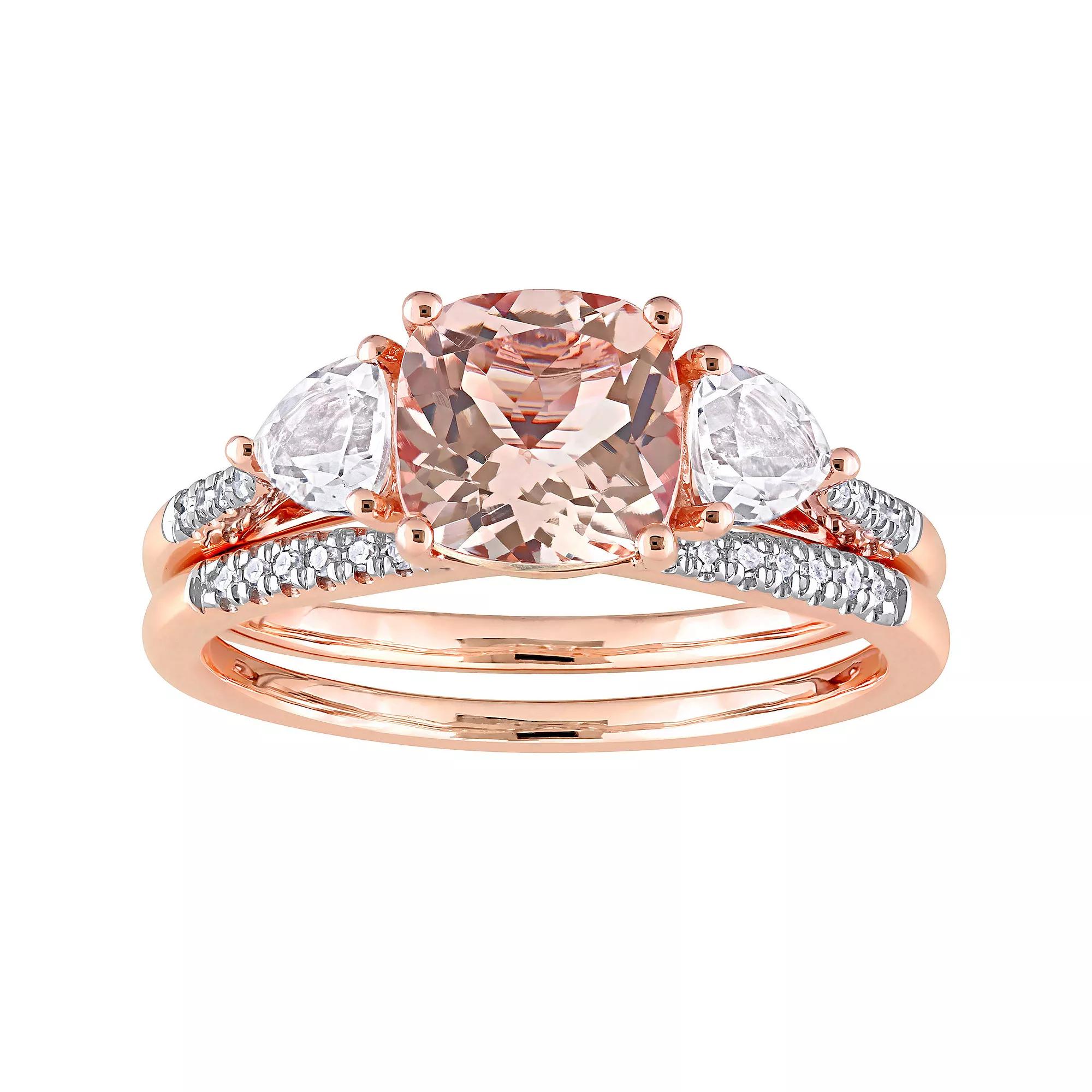 Stella Grace 10k Rose Gold Morganite, White Topaz & 1/10 Carat T.W. Diamond Bridal Ring Set, Women's,  Product Image