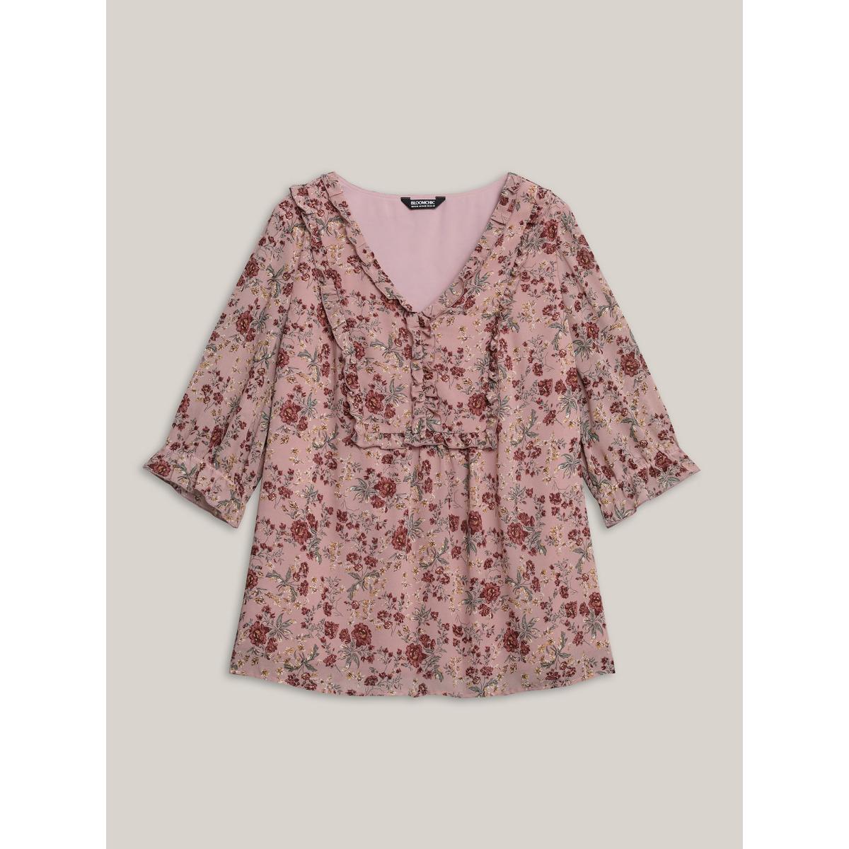Plus Size Rouge Chiffon Floral Print Ruffled Neck Flowy Shirt Women Romantic Elbow-length sleeve V-neck Elegant Blouses BloomChic 18-20/2X Product Image