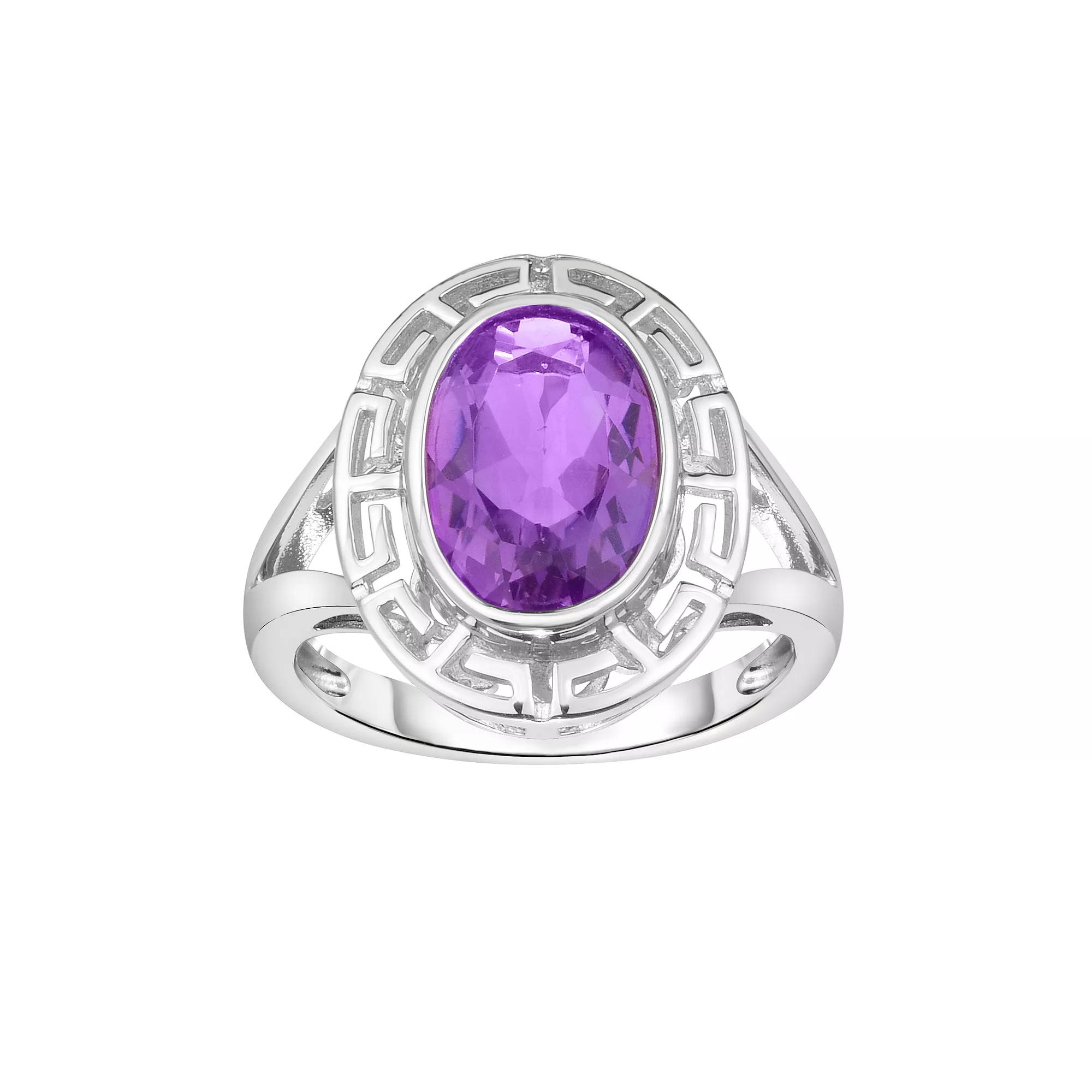 Sterling Silver Greek Key Amethyst Ring, Womens Product Image