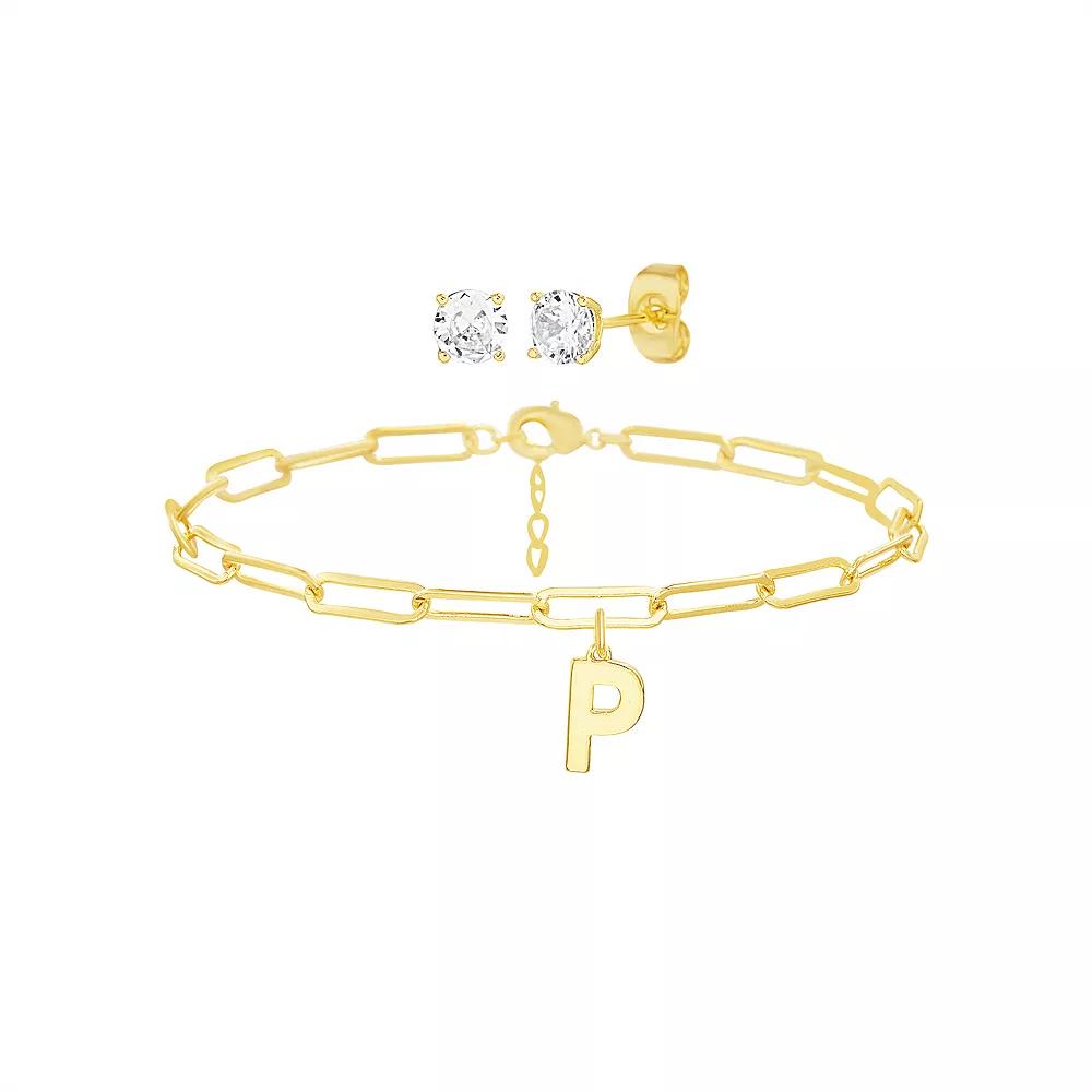 Paige Harper 14k Gold Plated Initial Charm Bracelet & Cubic Zirconia Stud Earring Set, Women's,  Product Image