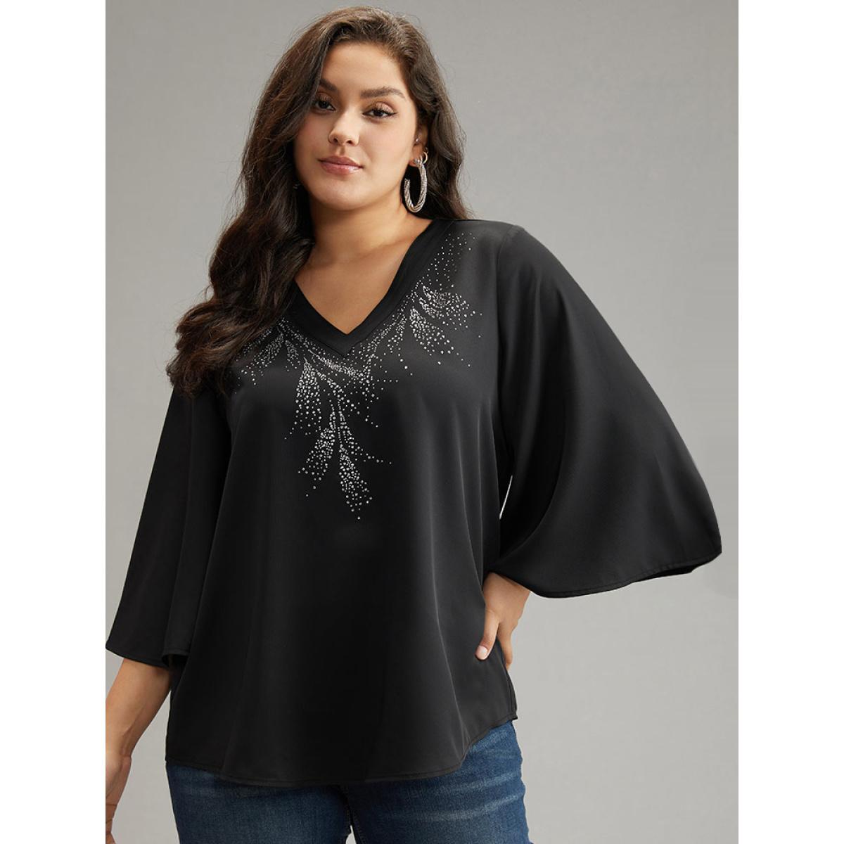 Plus Size Black Twill Rhinestone V Neck Ruffle Sleeve Blouse Women Glamour Elbow-length sleeve V-neck Going out Blouses BloomChic 26/4X Product Image