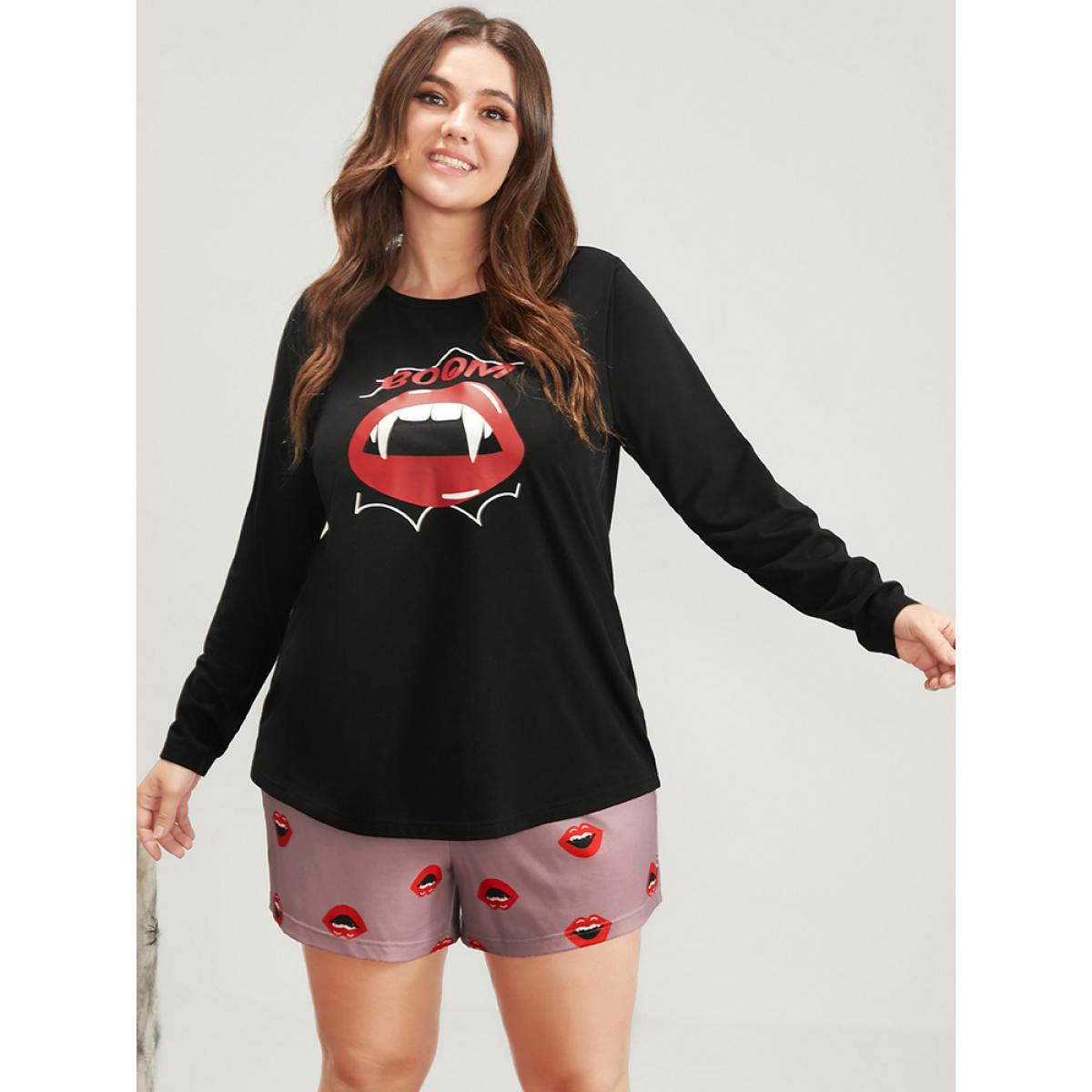 Plus Size Halloween Lip Print Pajama Set Women Black Graphic-Halloween Printed Long Sleeve Round Neck Casual Loungewear Sets BloomChic 10/M Product Image