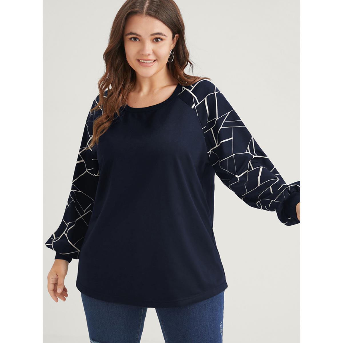 Plus Size Geometric Raglan Sleeve Round Neck Sweatshirt Women DarkBlue Elegant Patchwork Round Neck Dailywear Sweatshirts BloomChic 18-20/2X Product Image