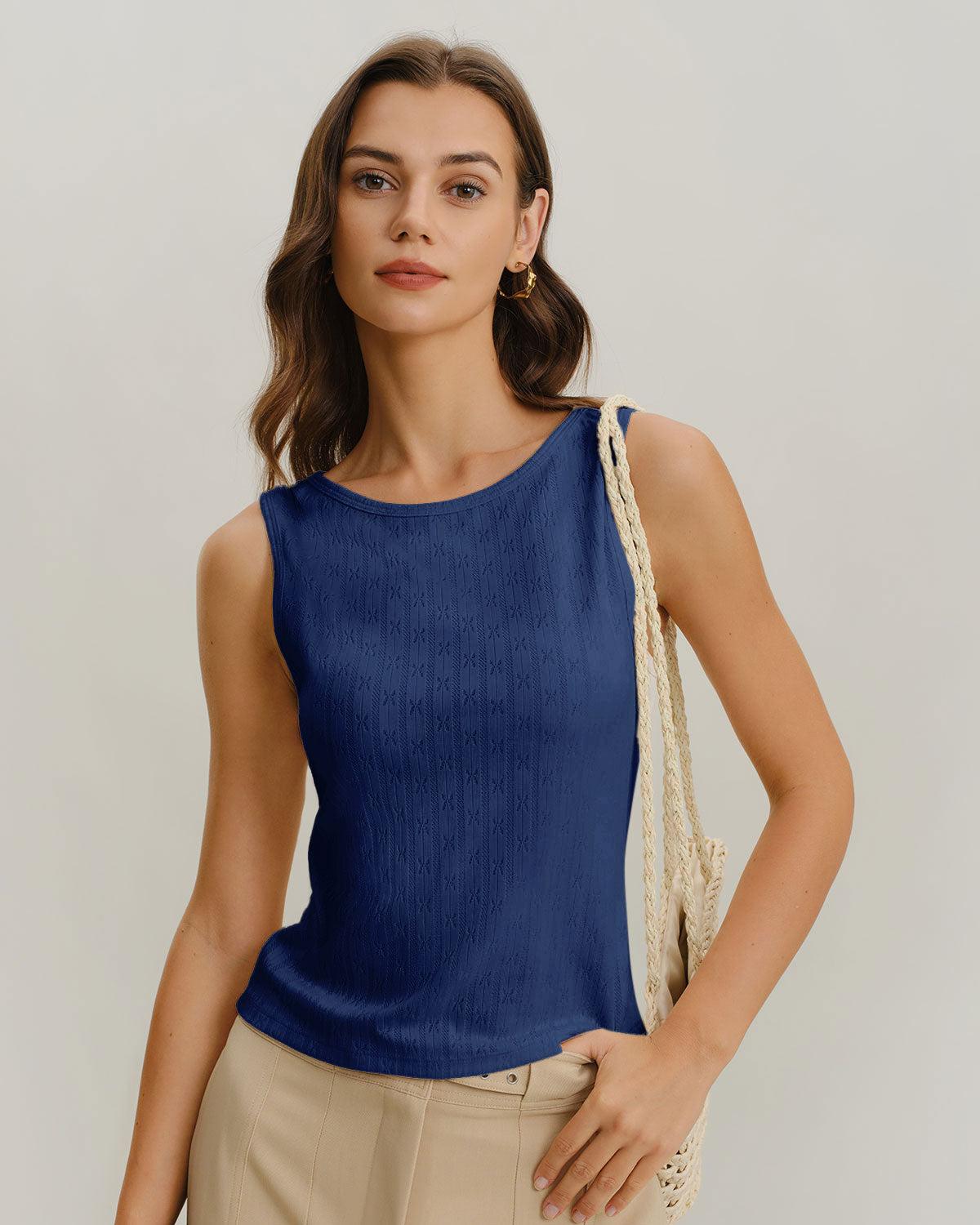 Blue Boat Neck Ribbed Knit Tank Top Product Image