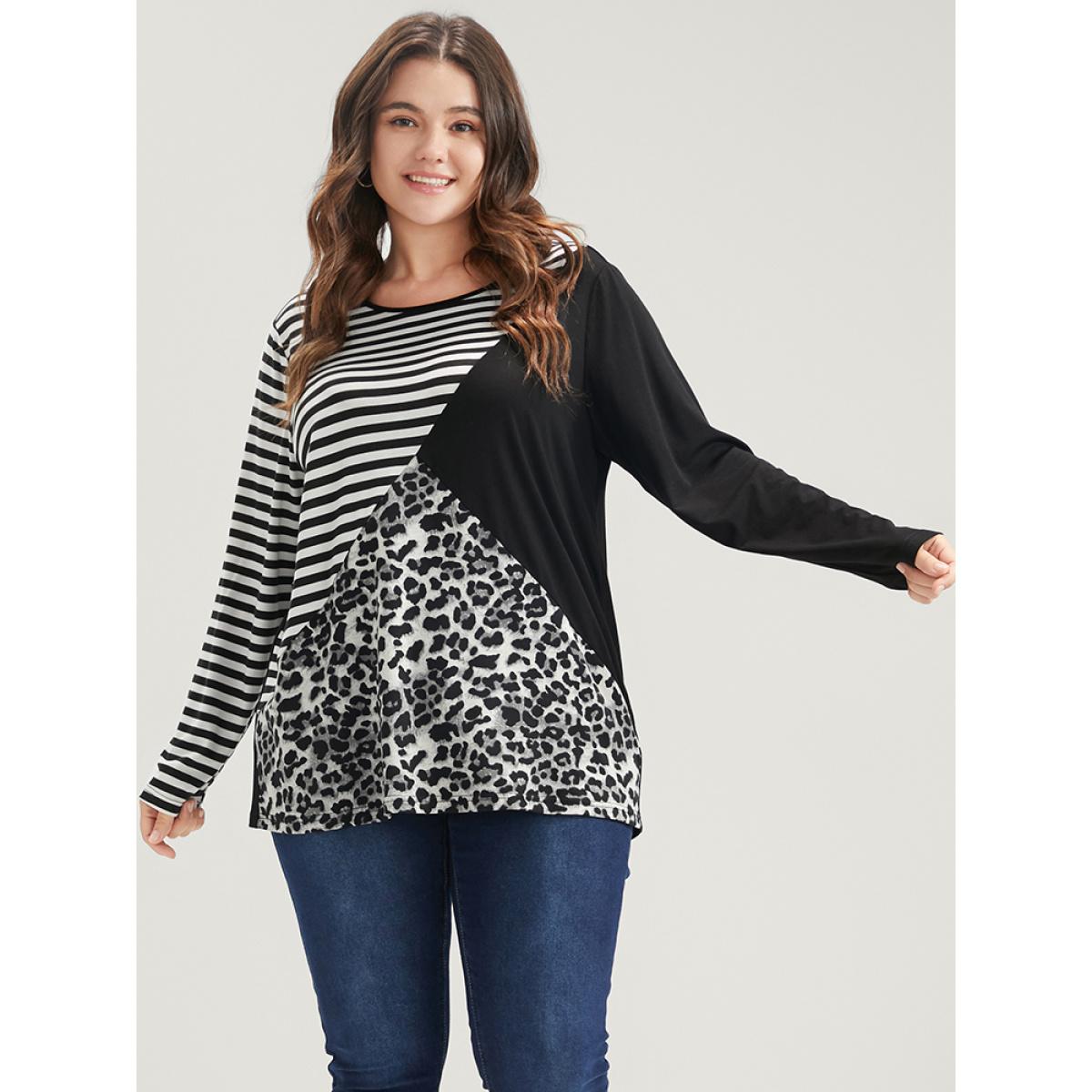 Plus Size Leopard Striped Contrast Round Neck Long Tee Black Women Casual Patchwork Leopard Round Neck Dailywear T-shirts BloomChic 12/L Product Image