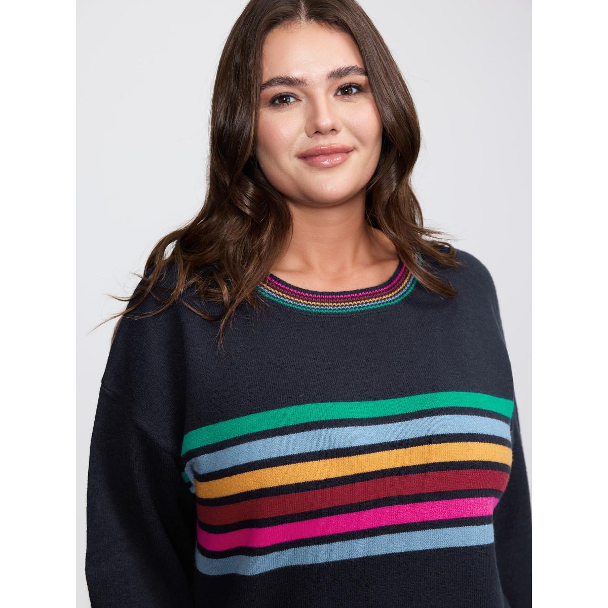 Plus Size Supersoft Colorful Stripe Pullover Indigo Women Leisure Loose Long Sleeve Round Neck Casual Pullovers BloomChic 22-24/3X Product Image