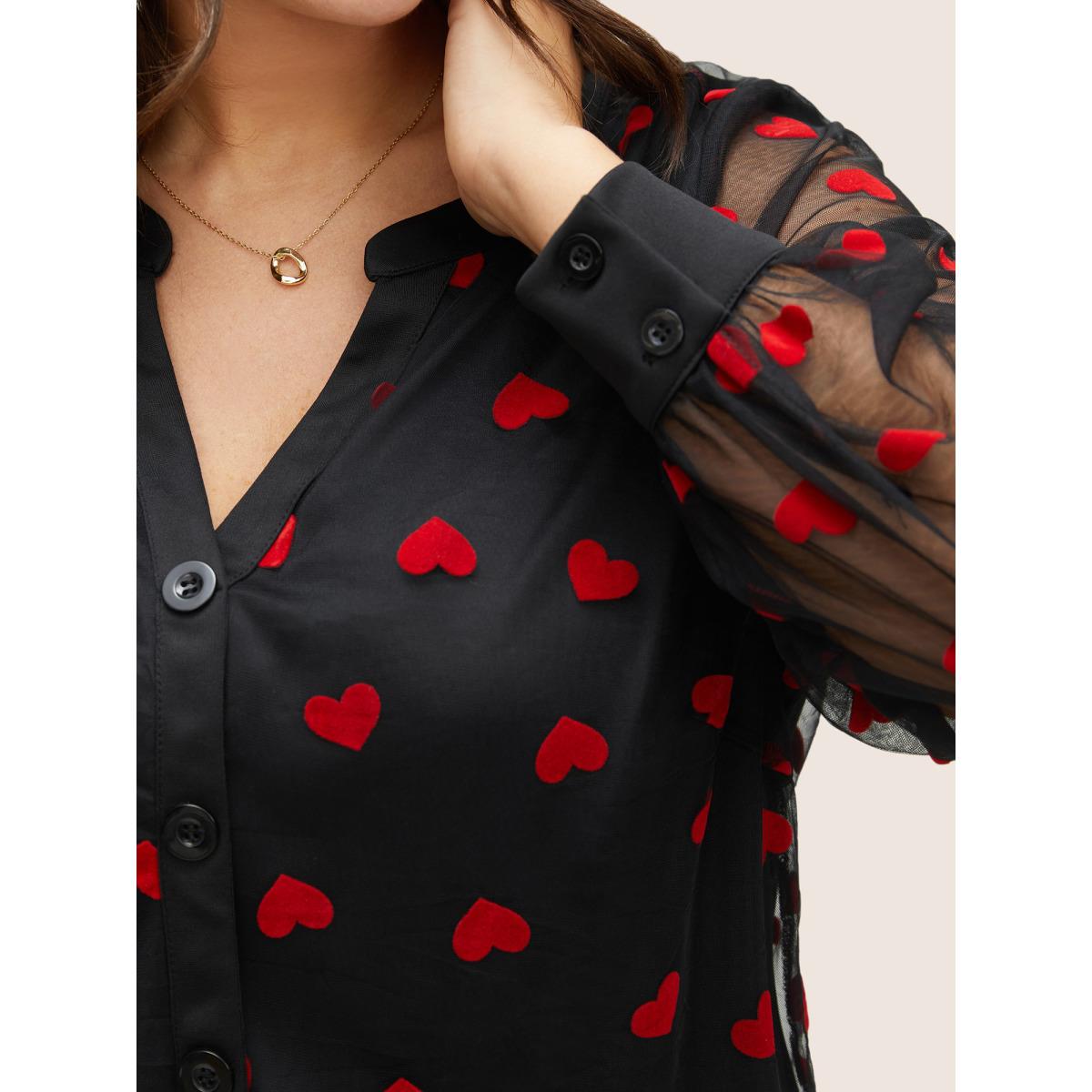 Plus Size Black Heart Mesh Patchwork V Neck Blouse Women Cocktail Long Sleeve V-neck Party Blouses BloomChic 10/M Product Image