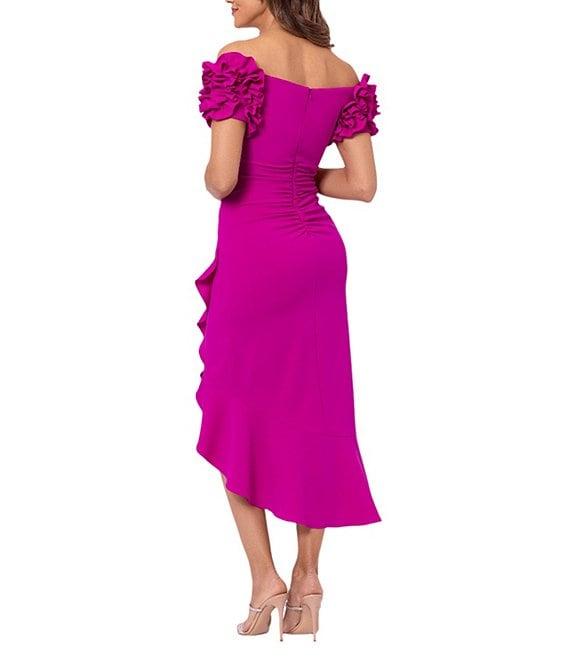 Xscape 3D Ruffle Off-the-Shoulder Ruffle Front Ruched Detail Midi Dress Product Image