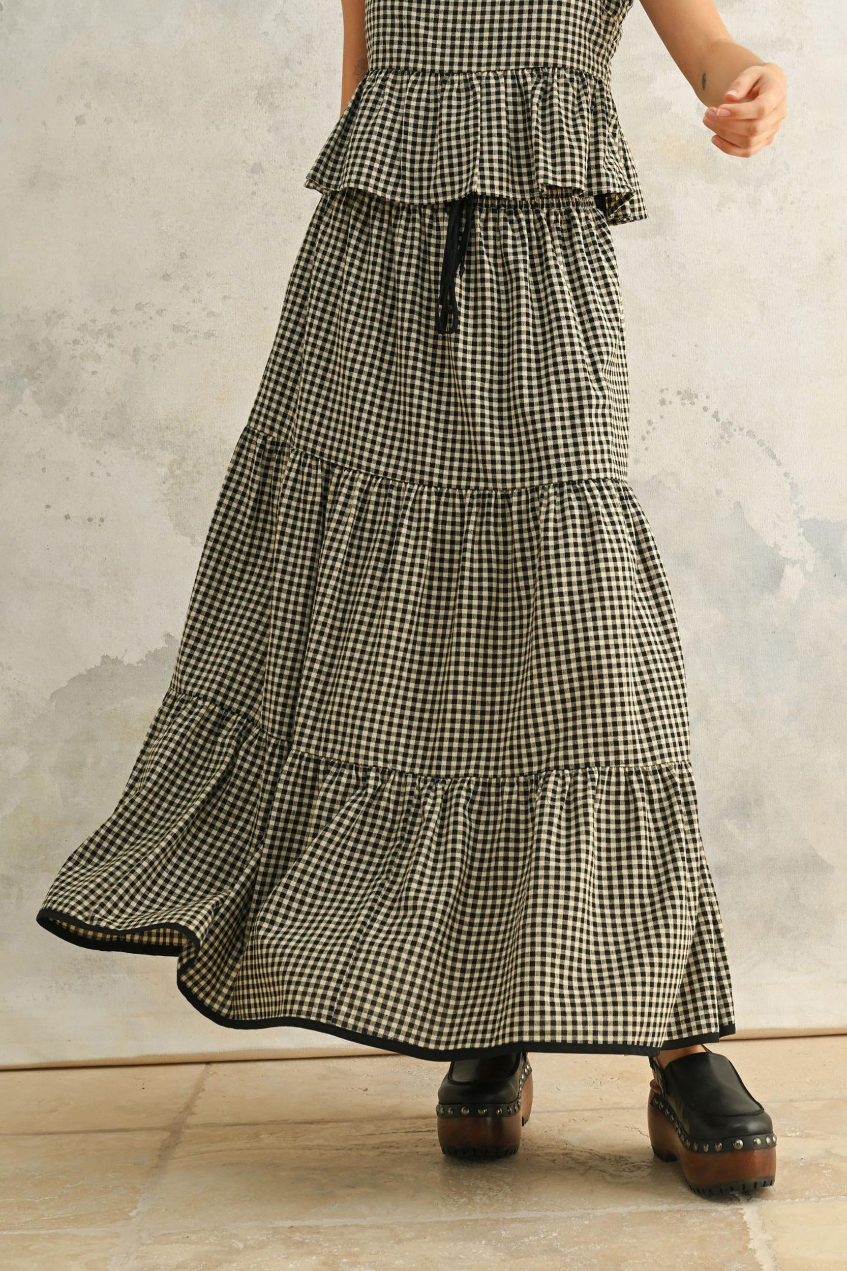 Gingham Tiered Maxi Cotton Skirt Product Image