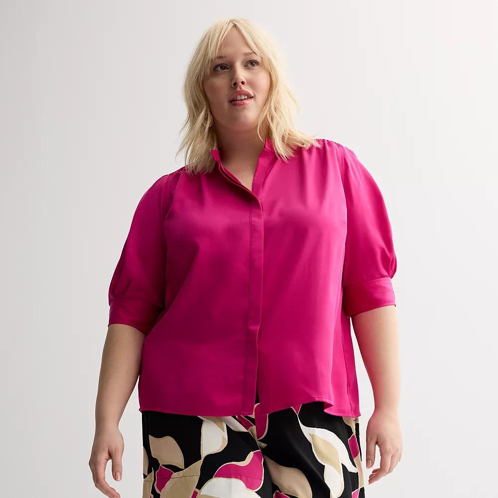 Plus Size Nine West Balloon Sleeve Collared Top, Womens Product Image