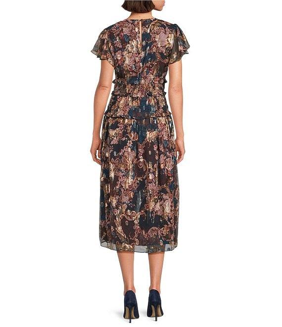 Eliza J Metallic Chiffon Flutter Sleeve Smocked Fit and Flare Printed Midi Dress Product Image